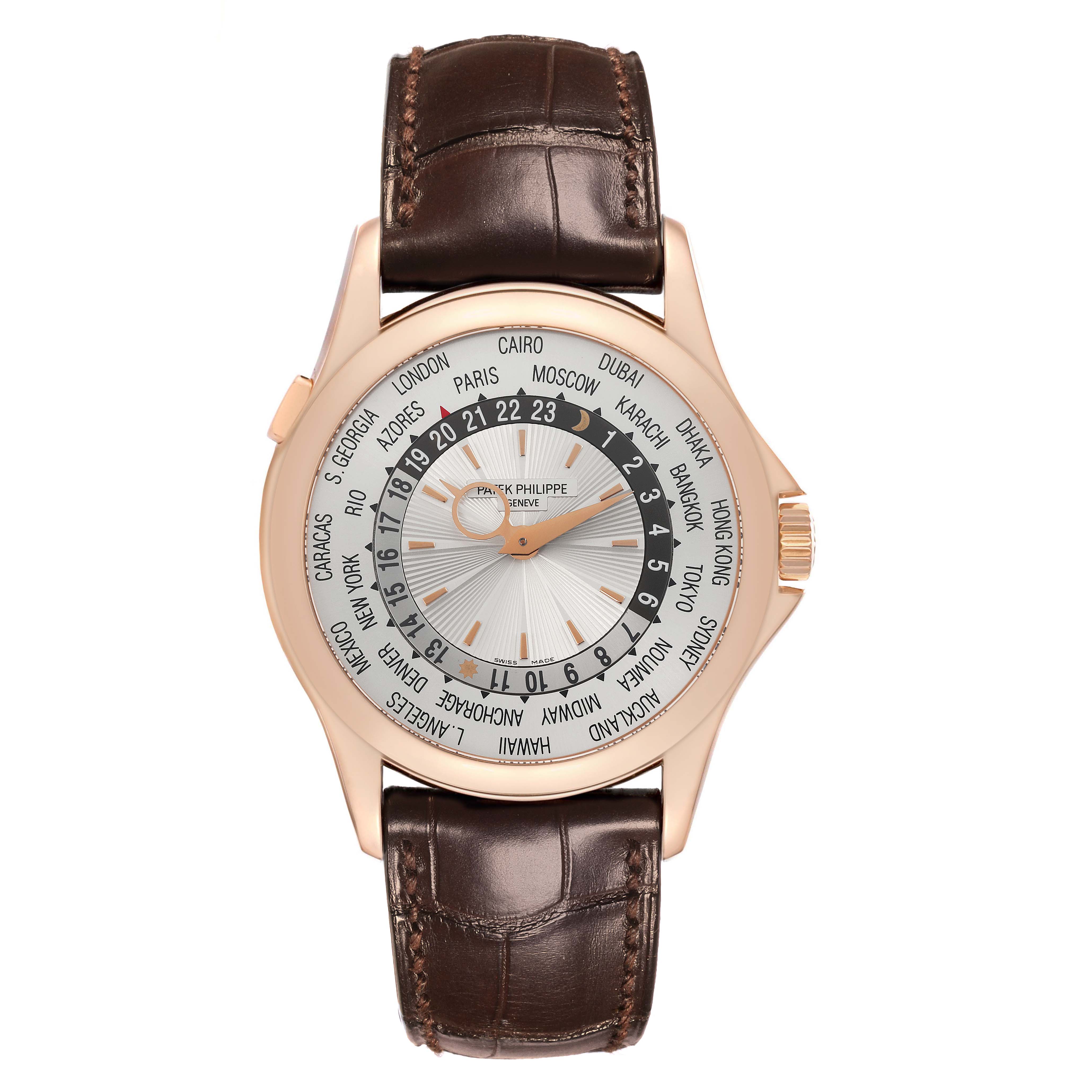 The Patek Philippe Complications 5130R-001 Men's Rose Gold Silver Dial 5130R-001 Men's Rose Gold Silver Dial watch is shown from a top-down angle, displaying the dial, bezel, and leather strap.