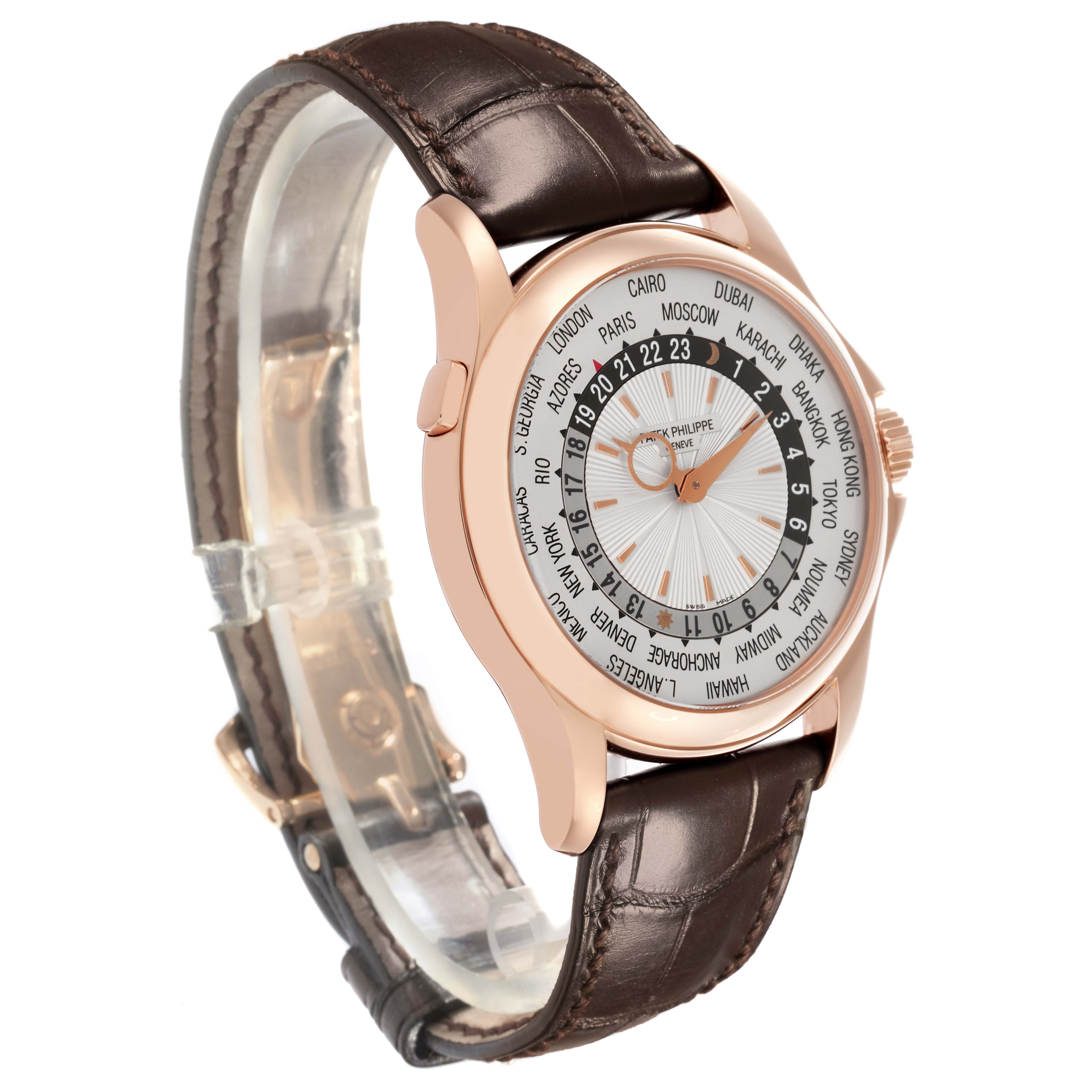 The Patek Philippe Complications 5130R-001 Men's Rose Gold Silver Dial 5130R-001 Men's Rose Gold Silver Dial watch is shown at a slight angle, highlighting the dial, bezel, case, and leather strap.