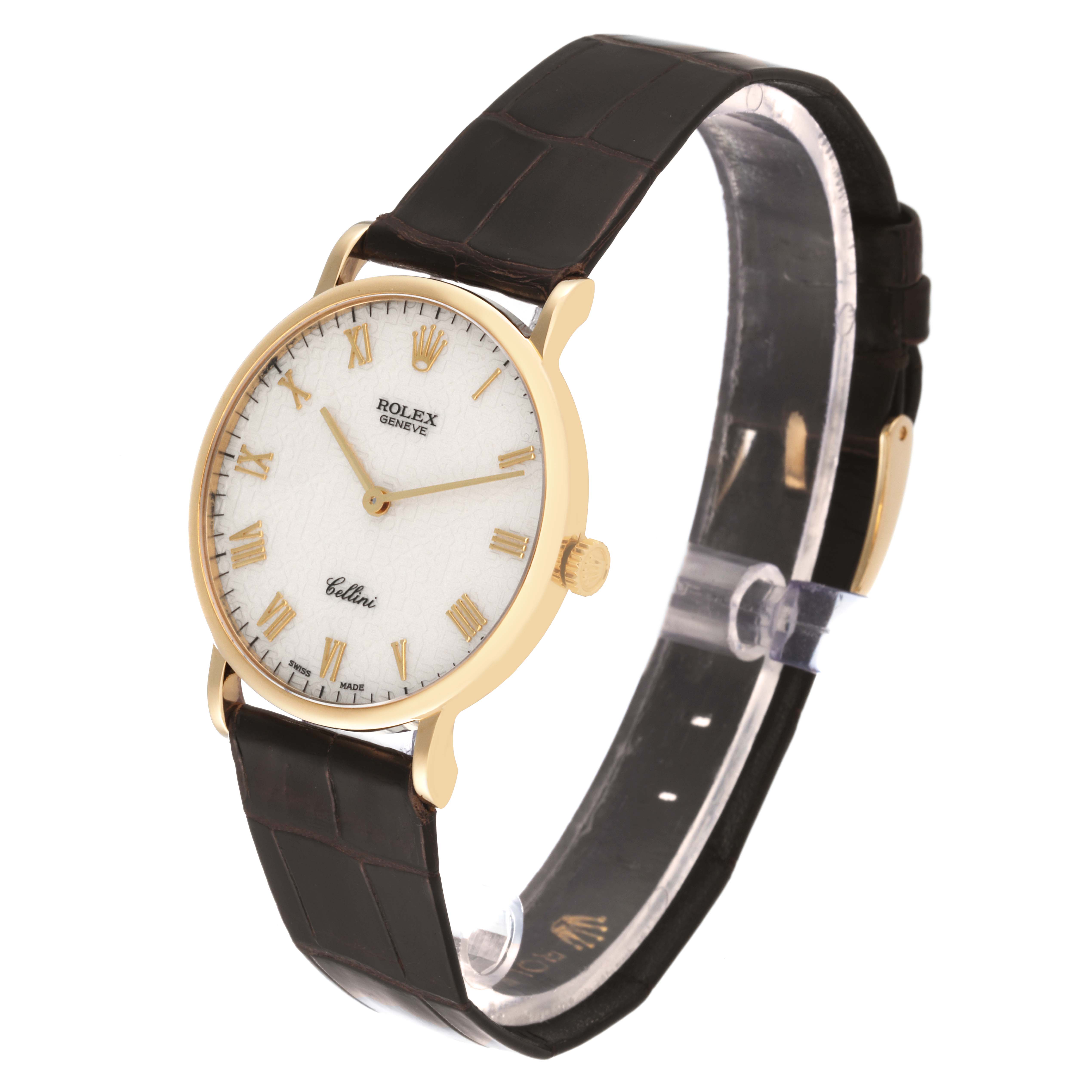 The image shows a Rolex Cellini 5112 Men's Yellow Gold Beige Dial 5112 Men's Yellow Gold Beige Dial watch at a front angle, highlighting its gold case, white dial, and black leather strap.