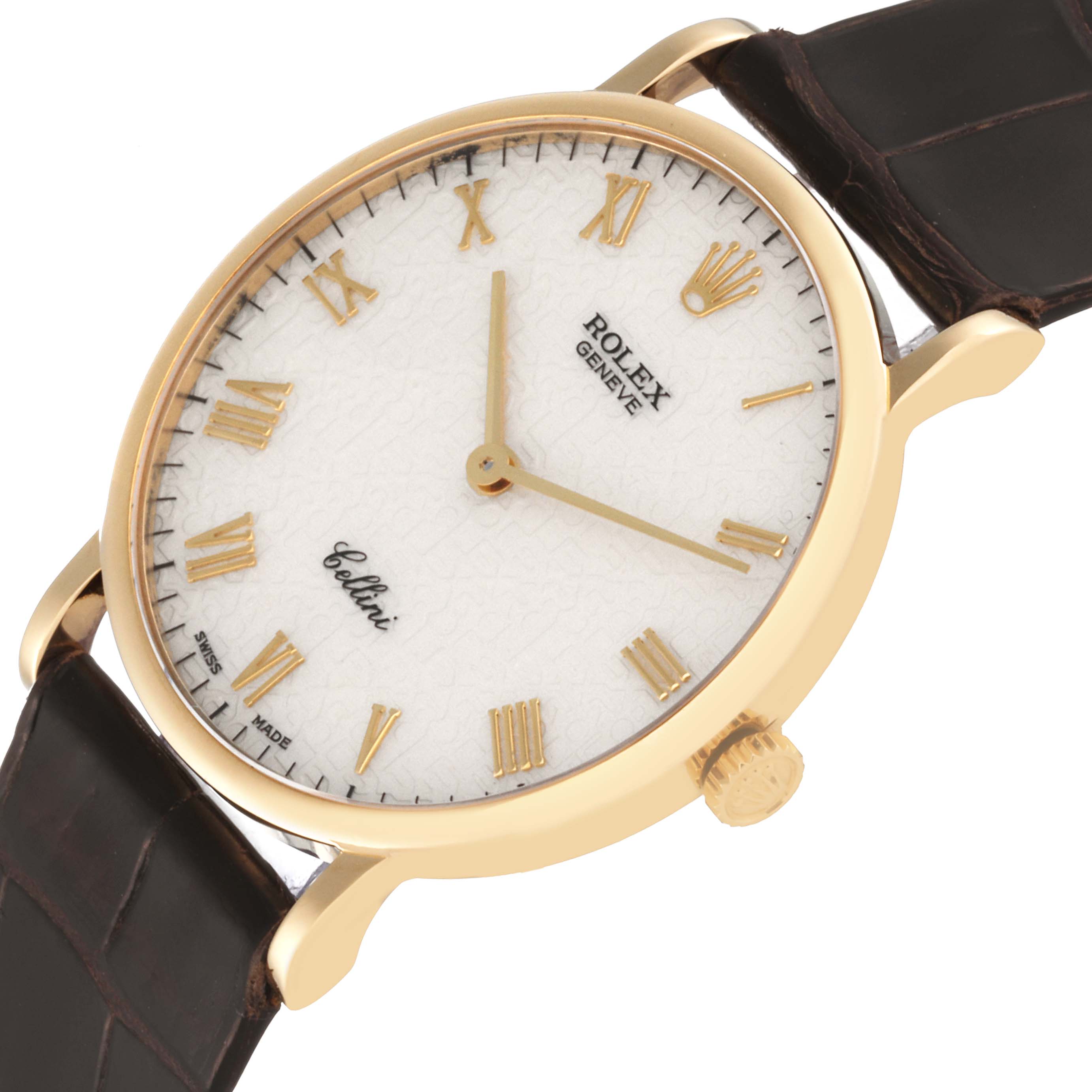 The Rolex Cellini 5112 Men's Yellow Gold Beige Dial 5112 Men's Yellow Gold Beige Dial watch is shown at a slight angle, featuring the face, crown, and part of the strap.