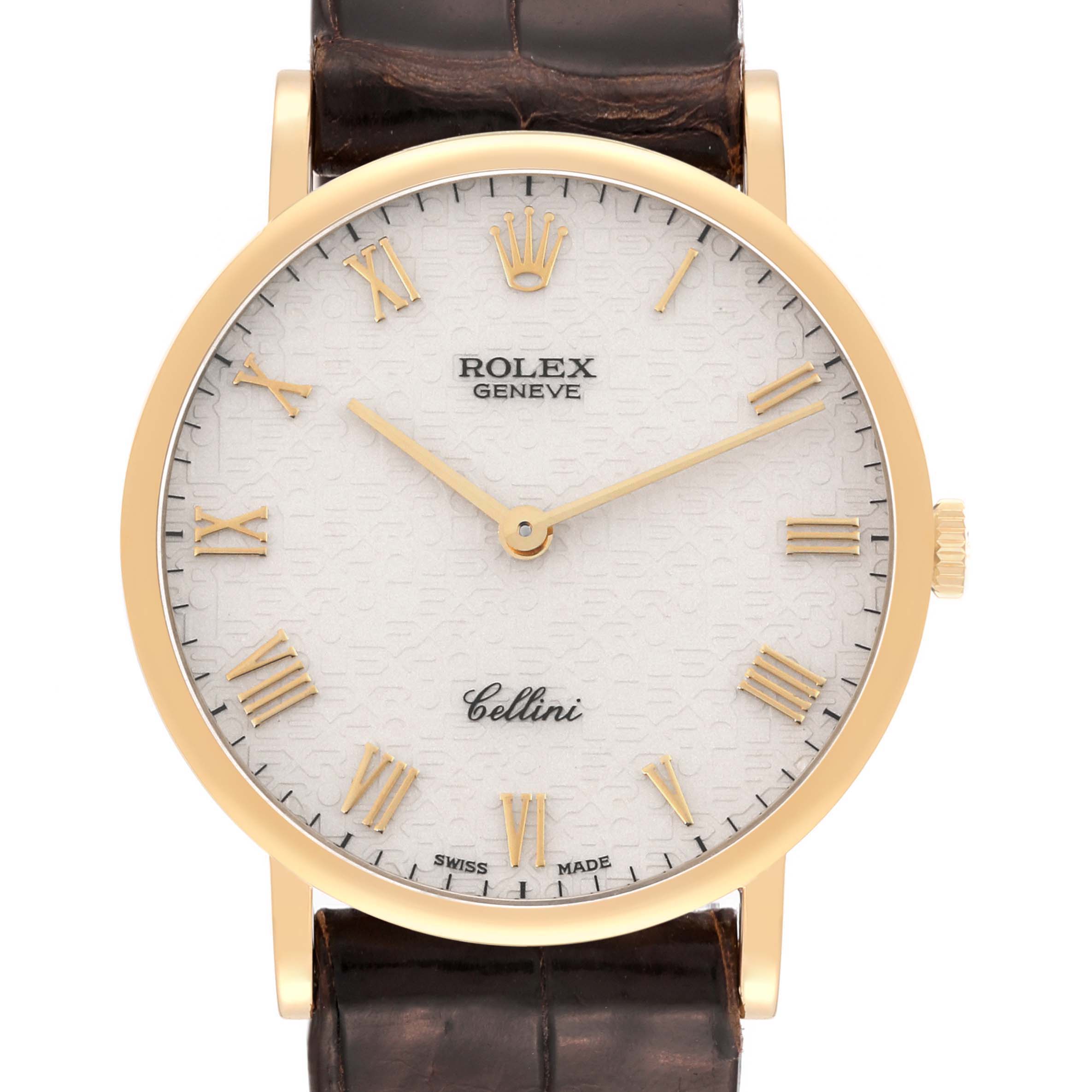 The image shows a front view of a Rolex Cellini 5112 Men's Yellow Gold Beige Dial 5112 Men's Yellow Gold Beige Dial watch featuring a white dial, gold roman numerals, and a brown leather strap.