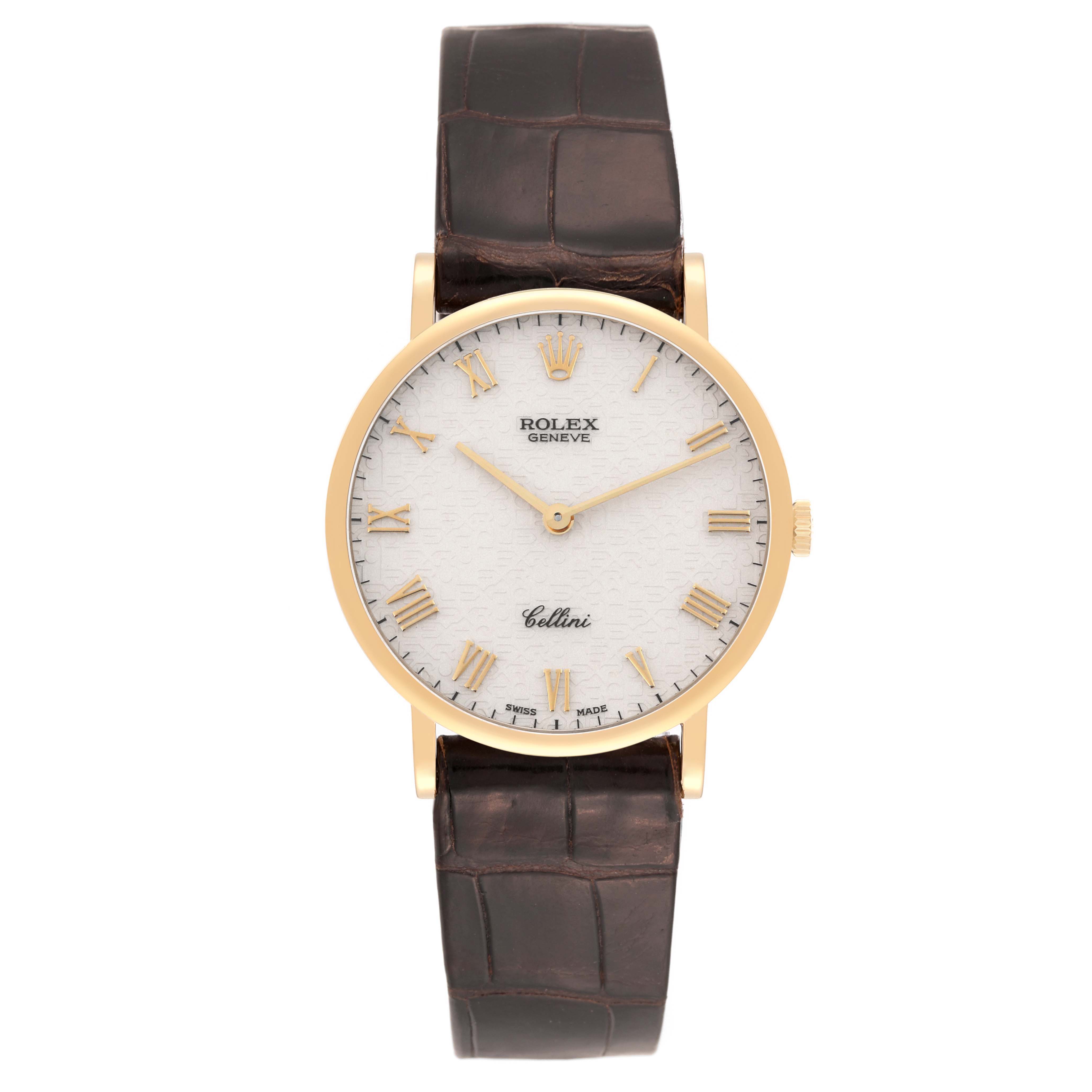 The Rolex Cellini 5112 Men's Yellow Gold Beige Dial 5112 Men's Yellow Gold Beige Dial watch is shown from a front angle, displaying its dial, hour markers, hands, and leather strap.