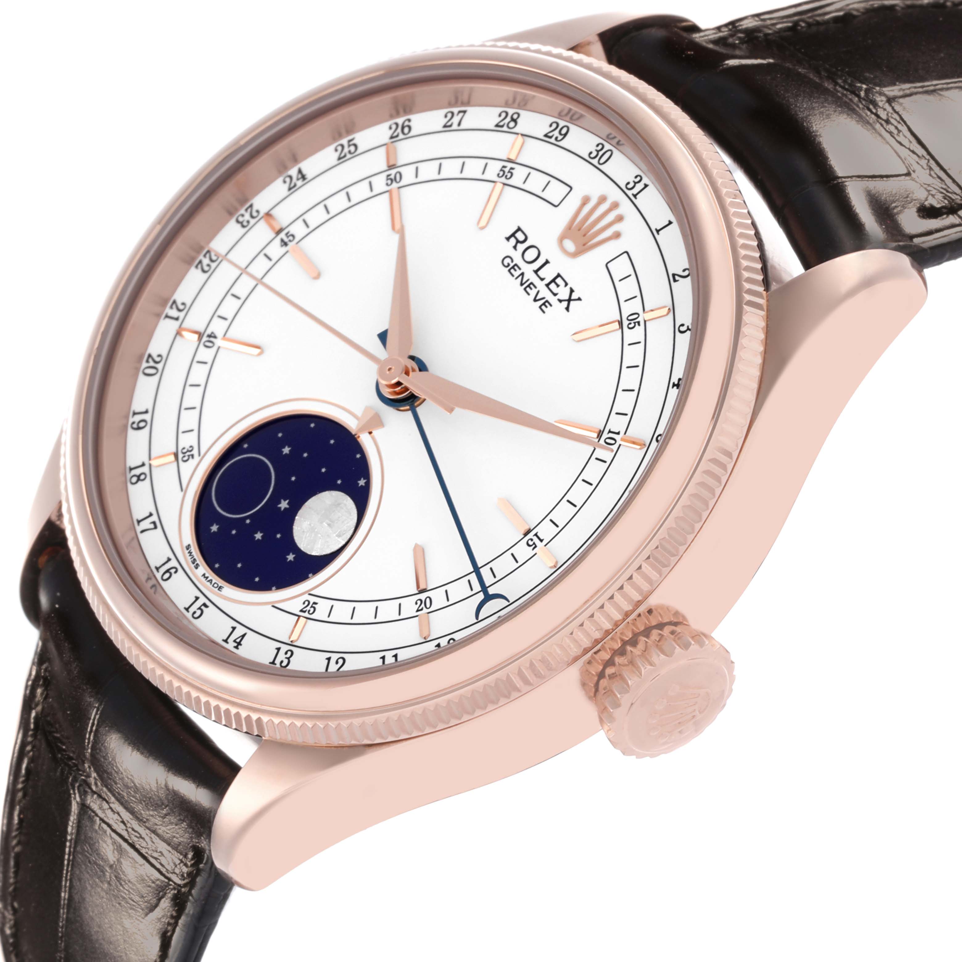 The Rolex Cellini 50535 Men's Rose Gold White Dial 50535 Men's Rose Gold White Dial watch is shown at a side angle revealing the dial, bezel, crown, moonphase, and leather strap.