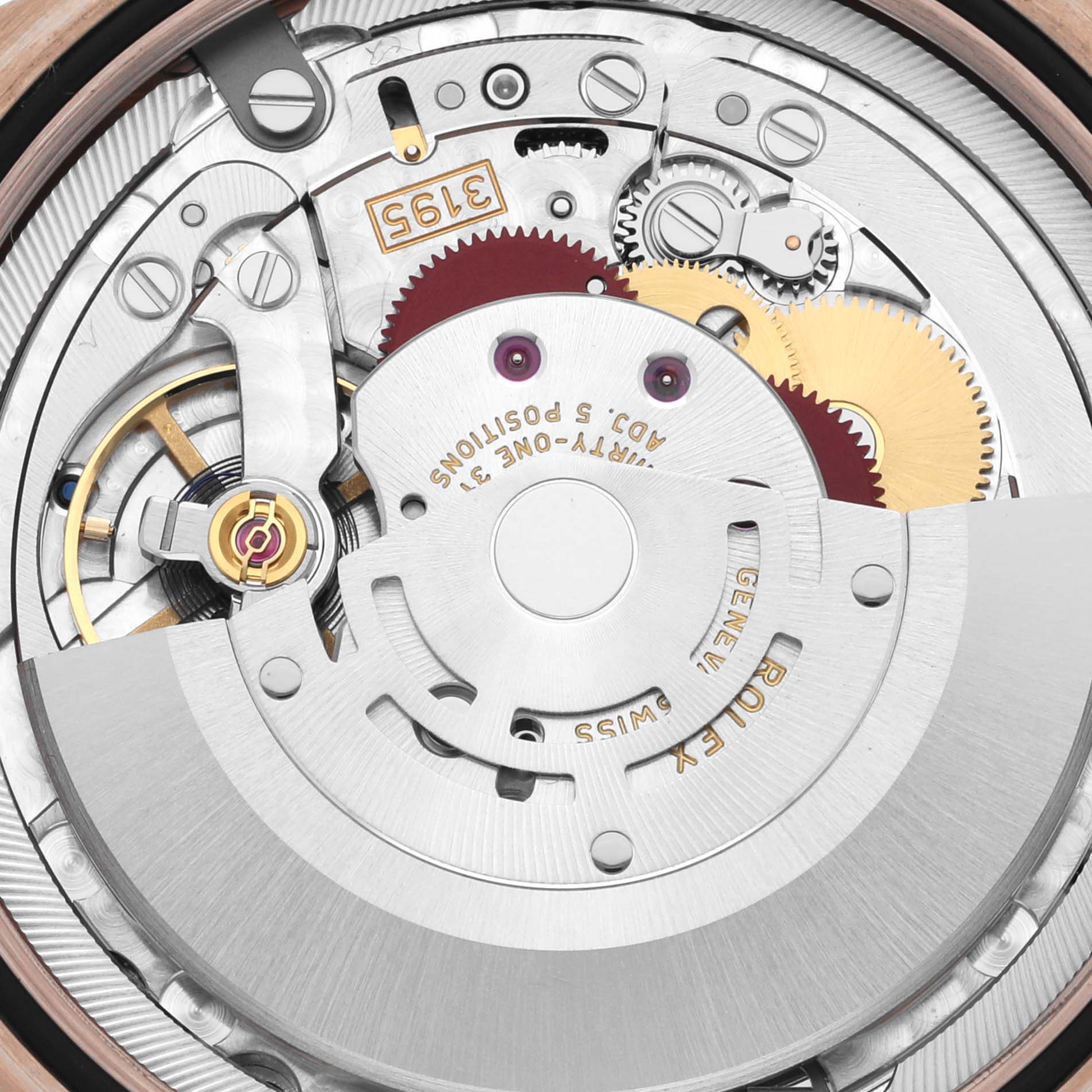 The image shows a close-up of the Rolex Cellini 50535 Men's Rose Gold White Dial 50535 Men's Rose Gold White Dial watch movement, revealing gears and intricate mechanical components.