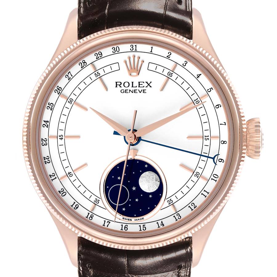 The Rolex Cellini watch is shown from a front angle, highlighting the dial, hands, moon phase, and leather strap.