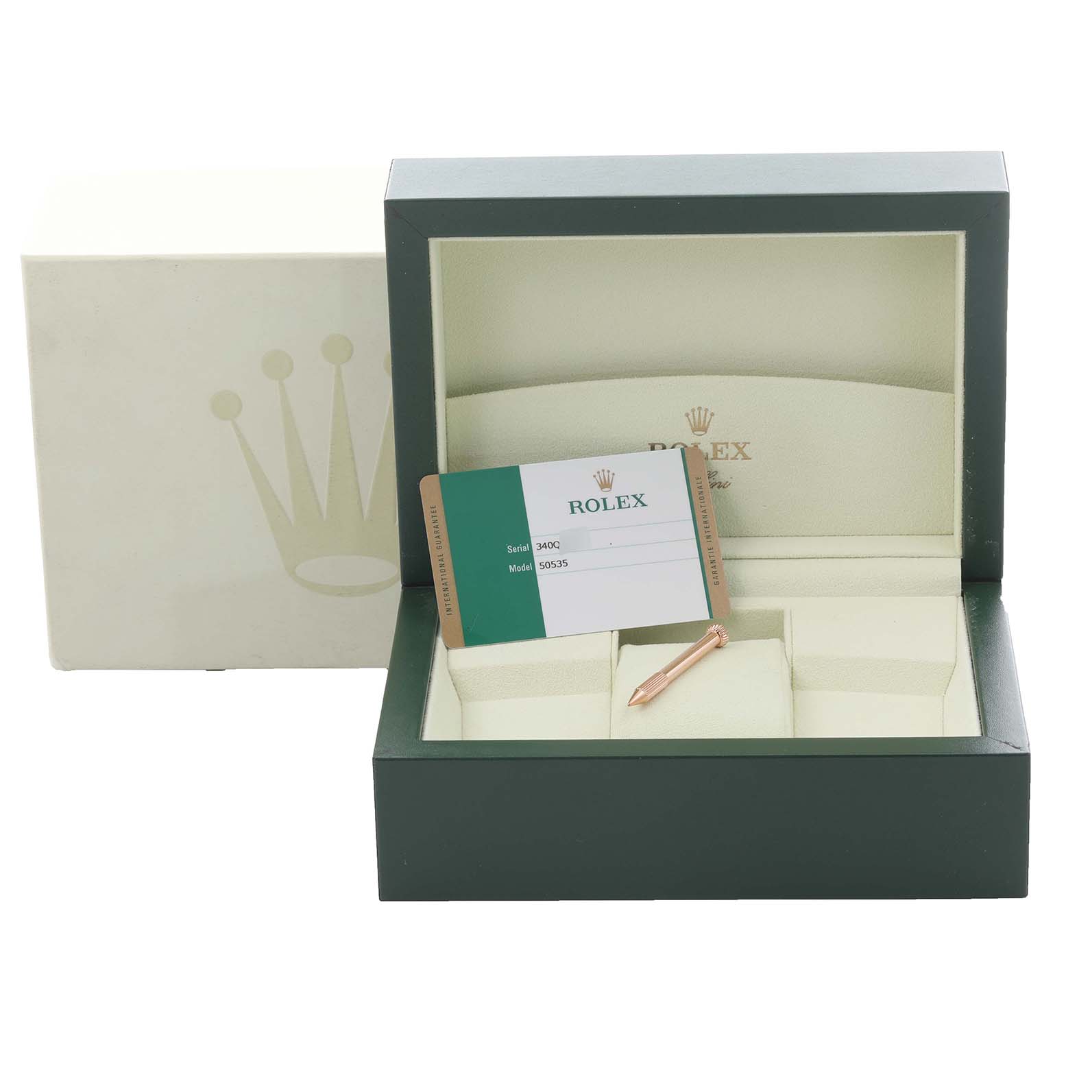 The image shows a Rolex Cellini 50535 Men's Rose Gold White Dial 50535 Men's Rose Gold White Dial watch box, guarantee card, and screwdriver, but no watch is visible.