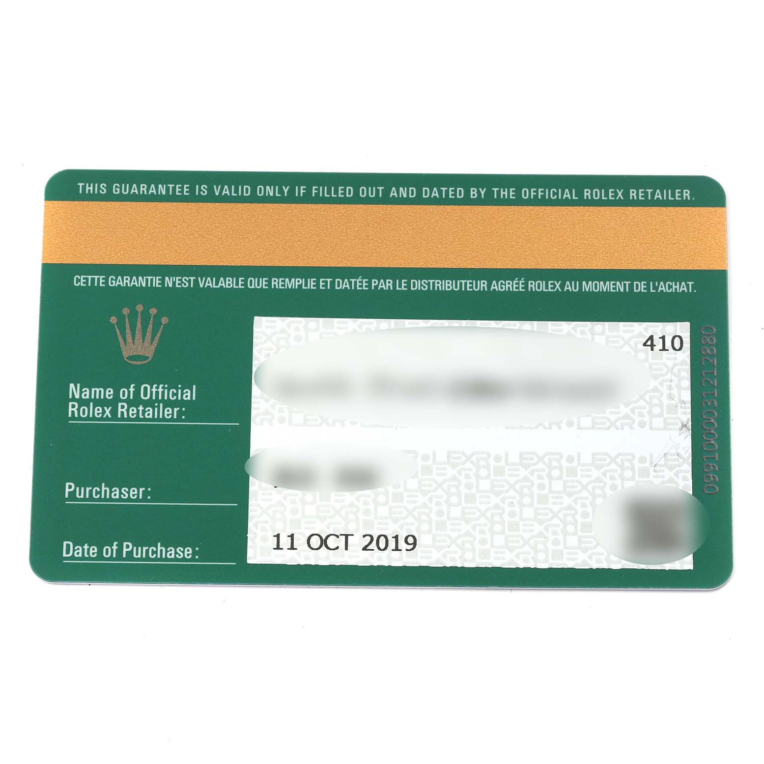 The image shows a warranty card for the Rolex Cellini 50535 Men's Rose Gold White Dial 50535 Men's Rose Gold White Dial watch, displaying purchase details and retailer information.