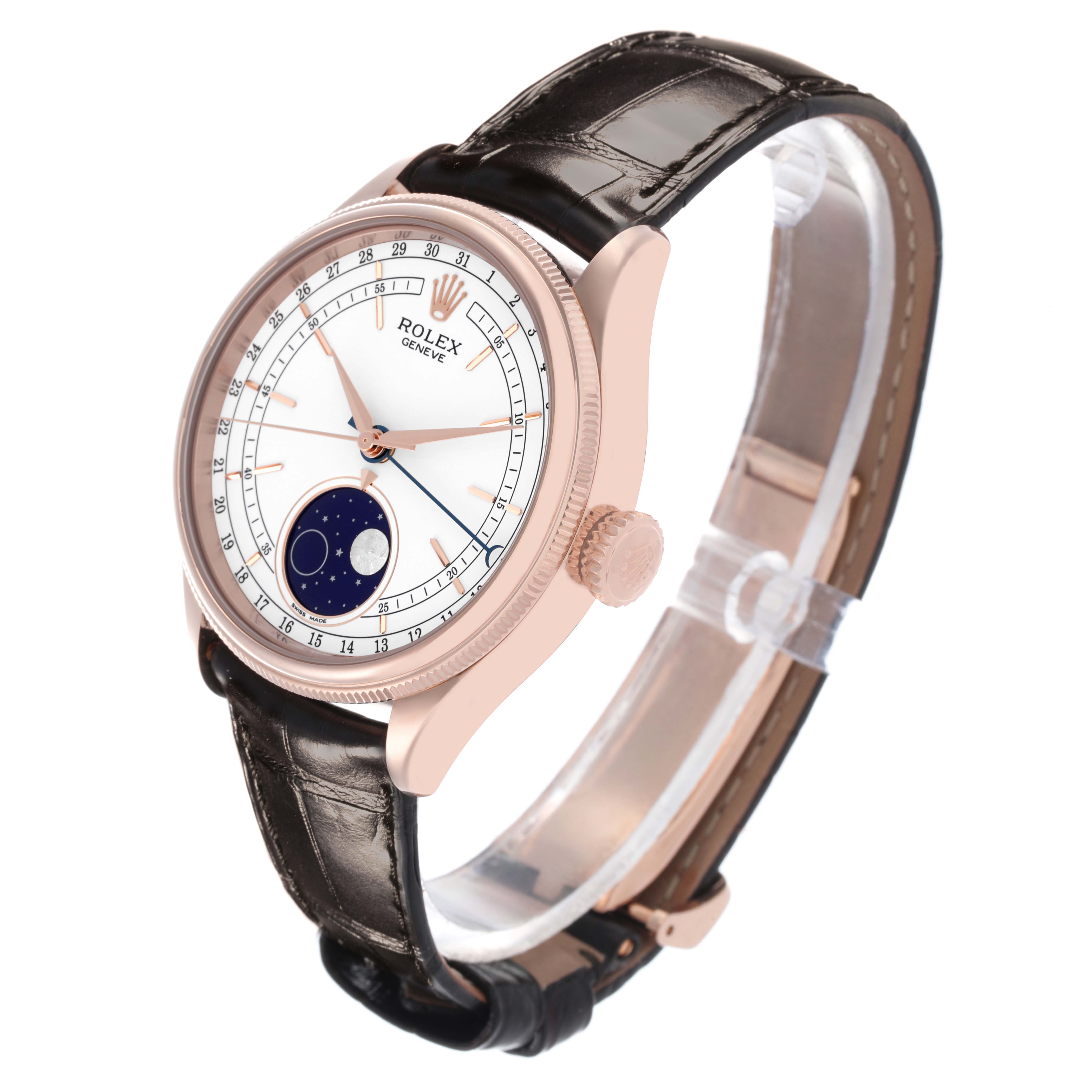 The Rolex Cellini 50535 Men's Rose Gold White Dial 50535 Men's Rose Gold White Dial watch is shown at a slight angle, highlighting its face, bezel, crown, and leather strap.