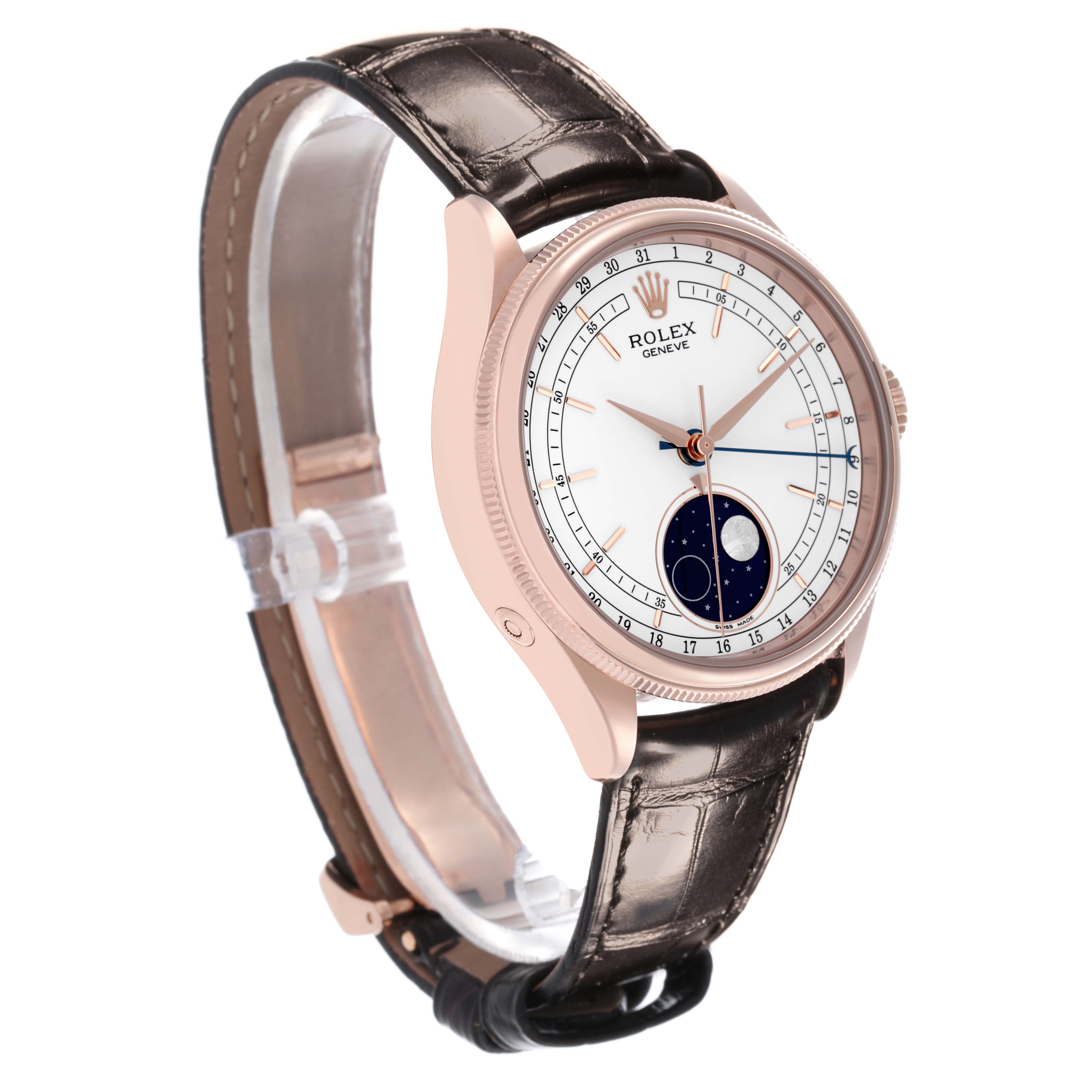 The Rolex Cellini 50535 Men's Rose Gold White Dial 50535 Men's Rose Gold White Dial watch is shown at a three-quarter angle, displaying the face, case, and leather strap.