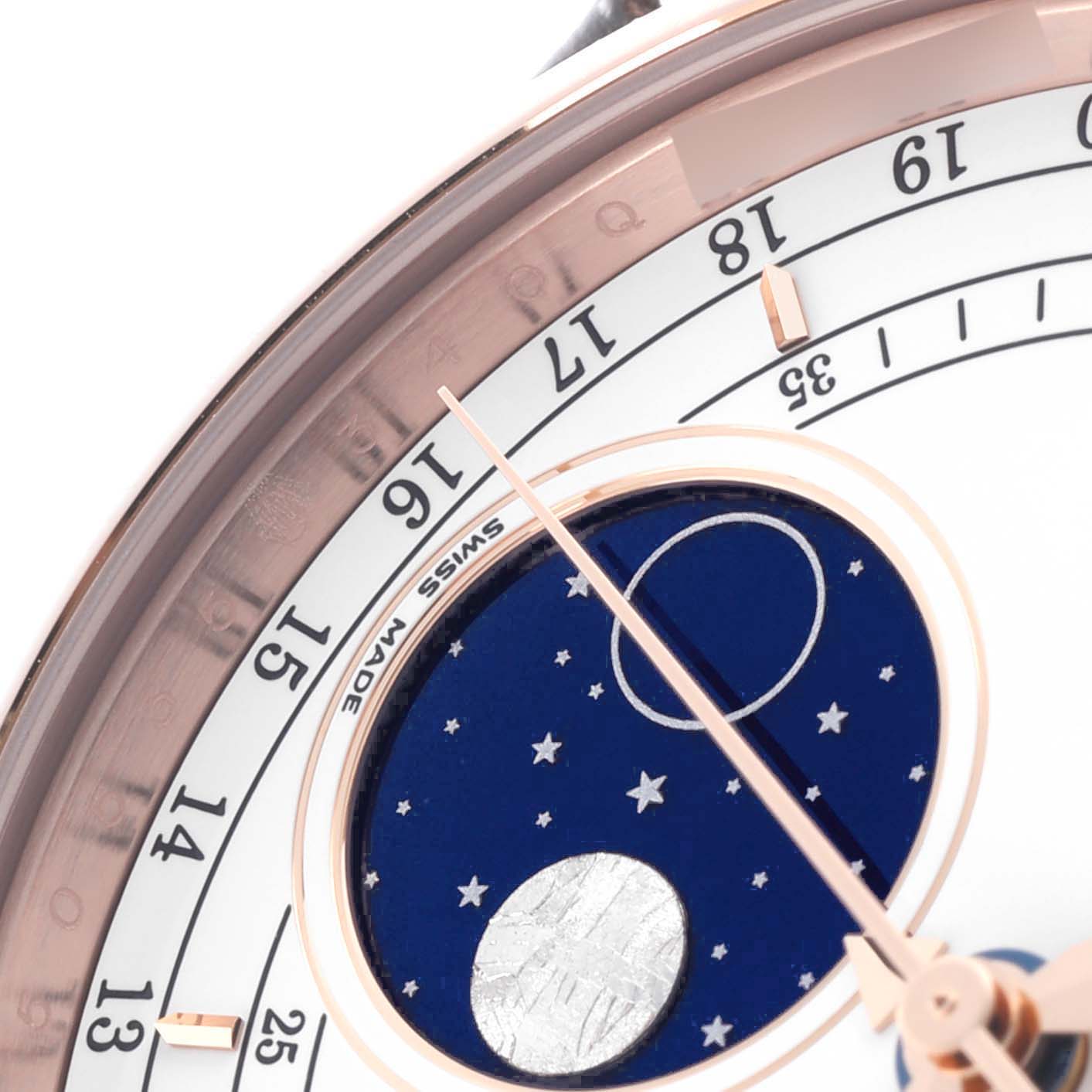 This close-up shows the Rolex Cellini 50535 Men's Rose Gold White Dial 50535 Men's Rose Gold White Dial's dial with a moonphase display and date markings.