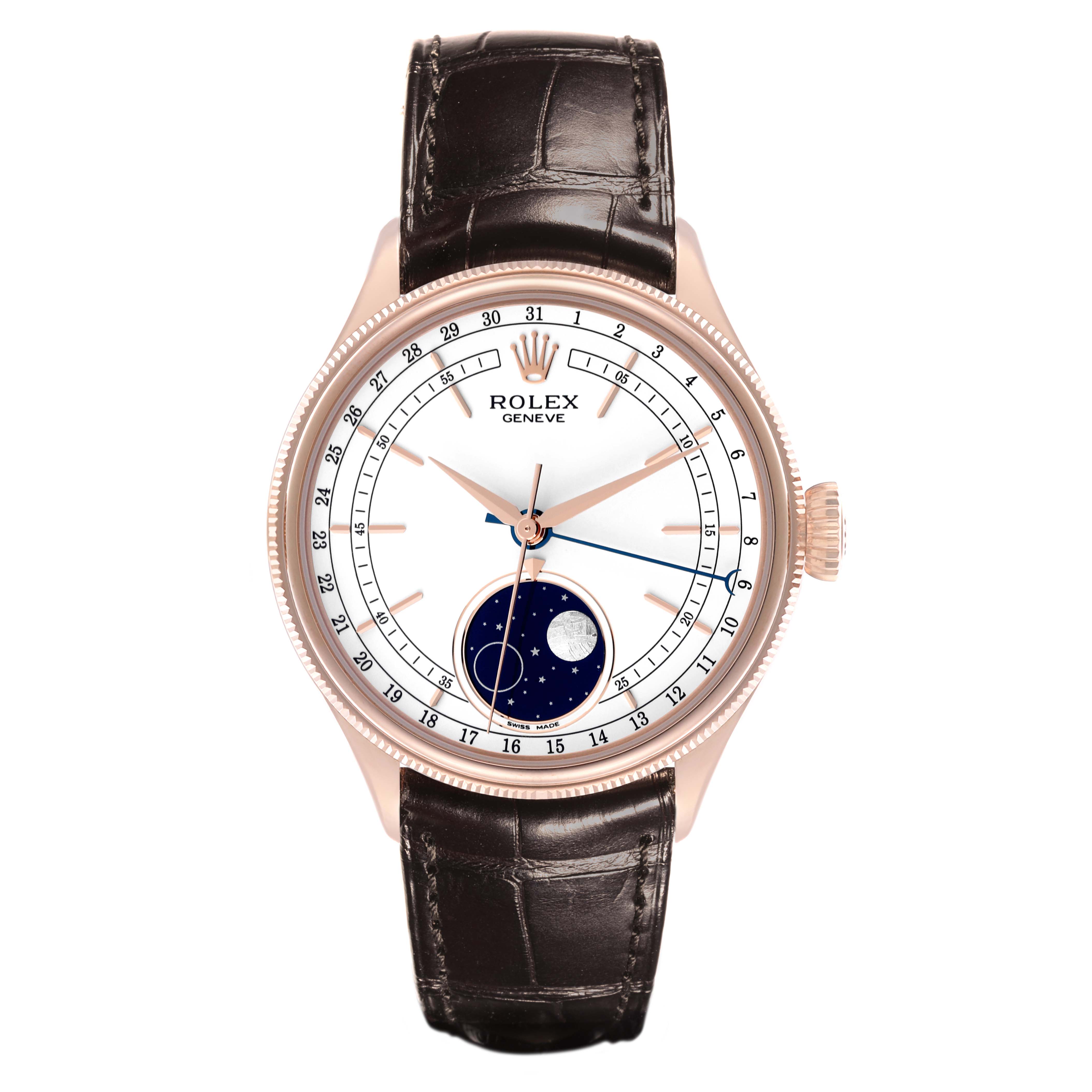 The Rolex Cellini 50535 Men's Rose Gold White Dial 50535 Men's Rose Gold White Dial watch is shown from the front, highlighting its dial, crown, and leather strap.
