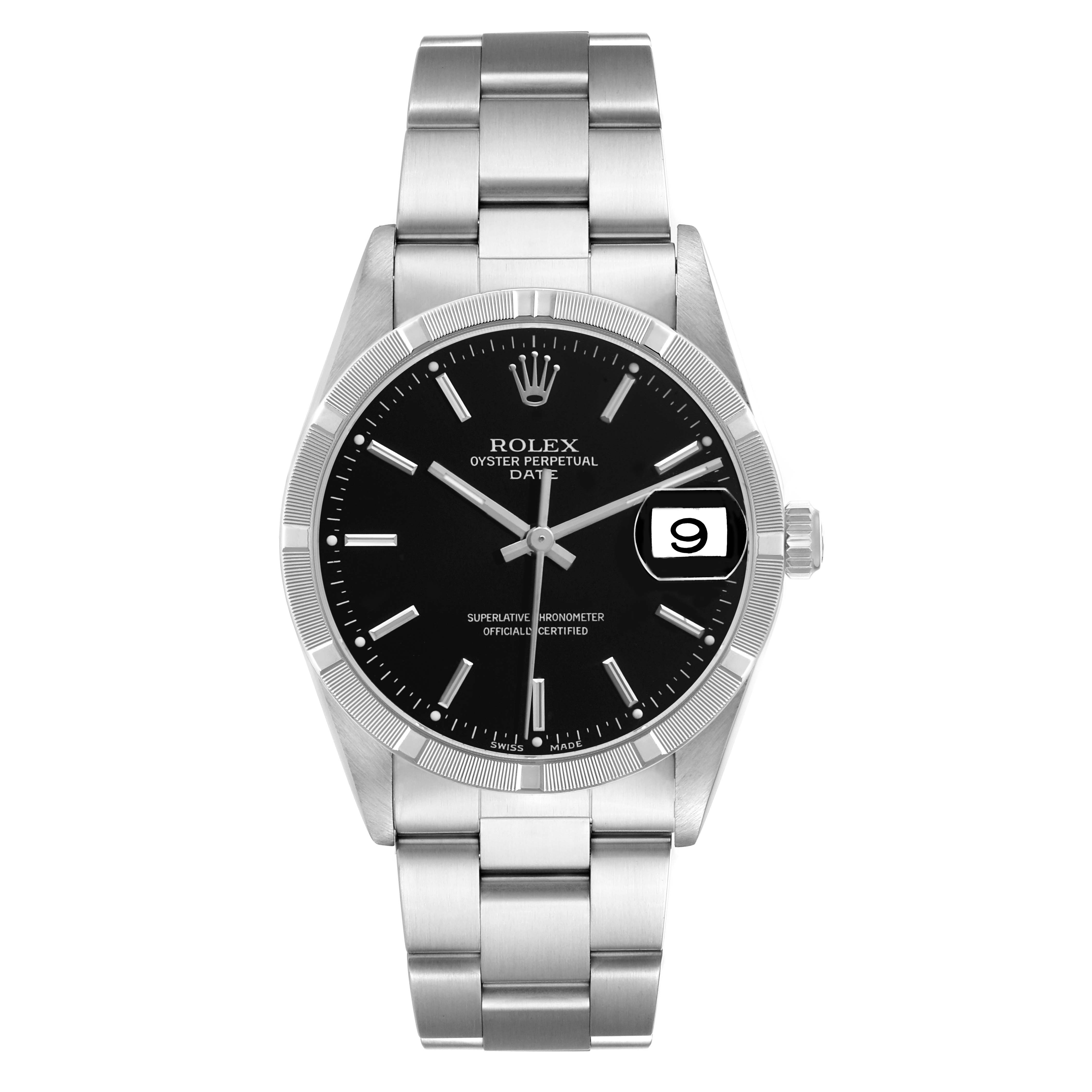 The Rolex Date 15210 Men's Stainless Steel Black Dial watch is shown from a top-down angle, highlighting the black dial, fluted bezel, and stainless steel bracelet.