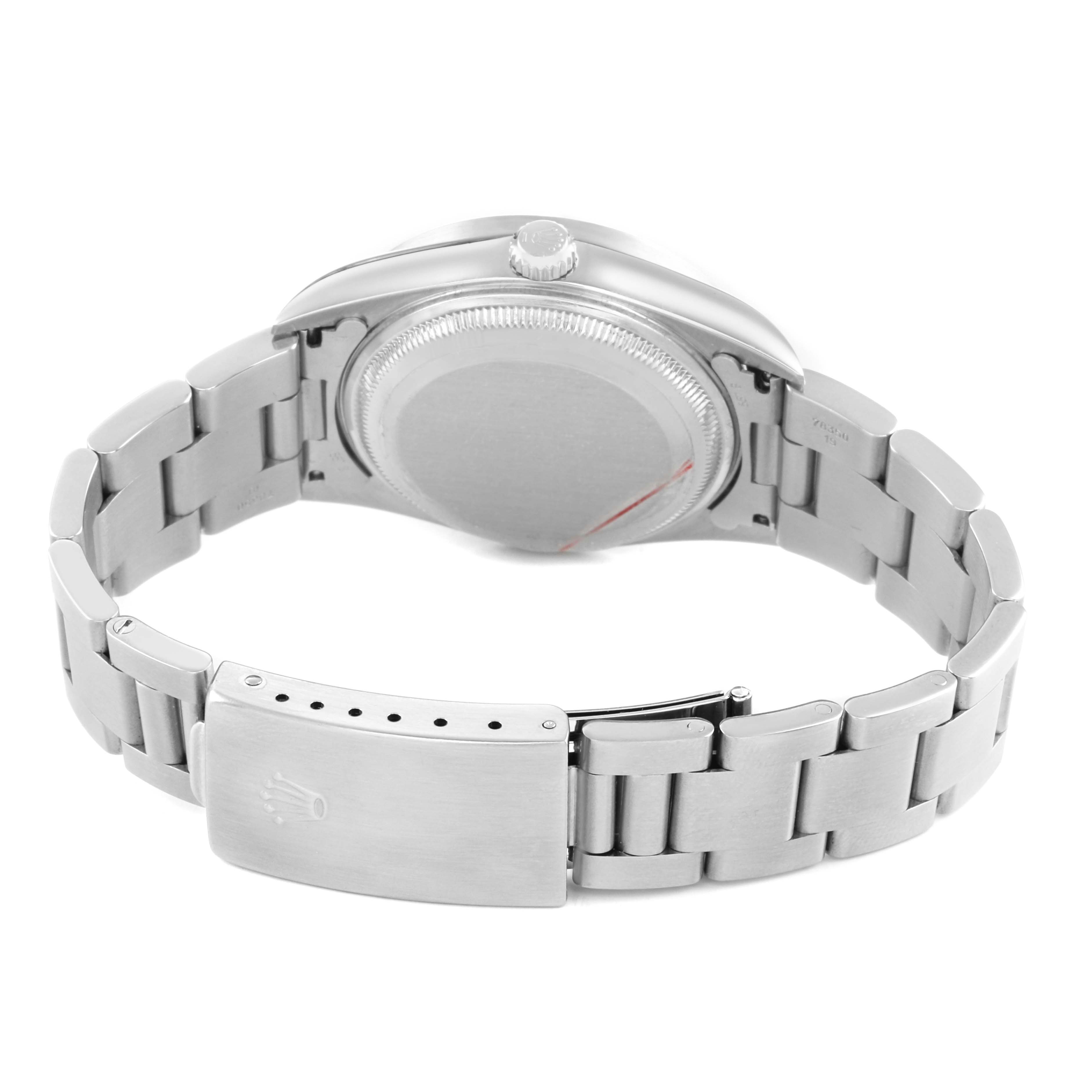 This image shows the back and bracelet of a Rolex Date 15210 Men's Stainless Steel Black Dial model, including the clasp and watch case.