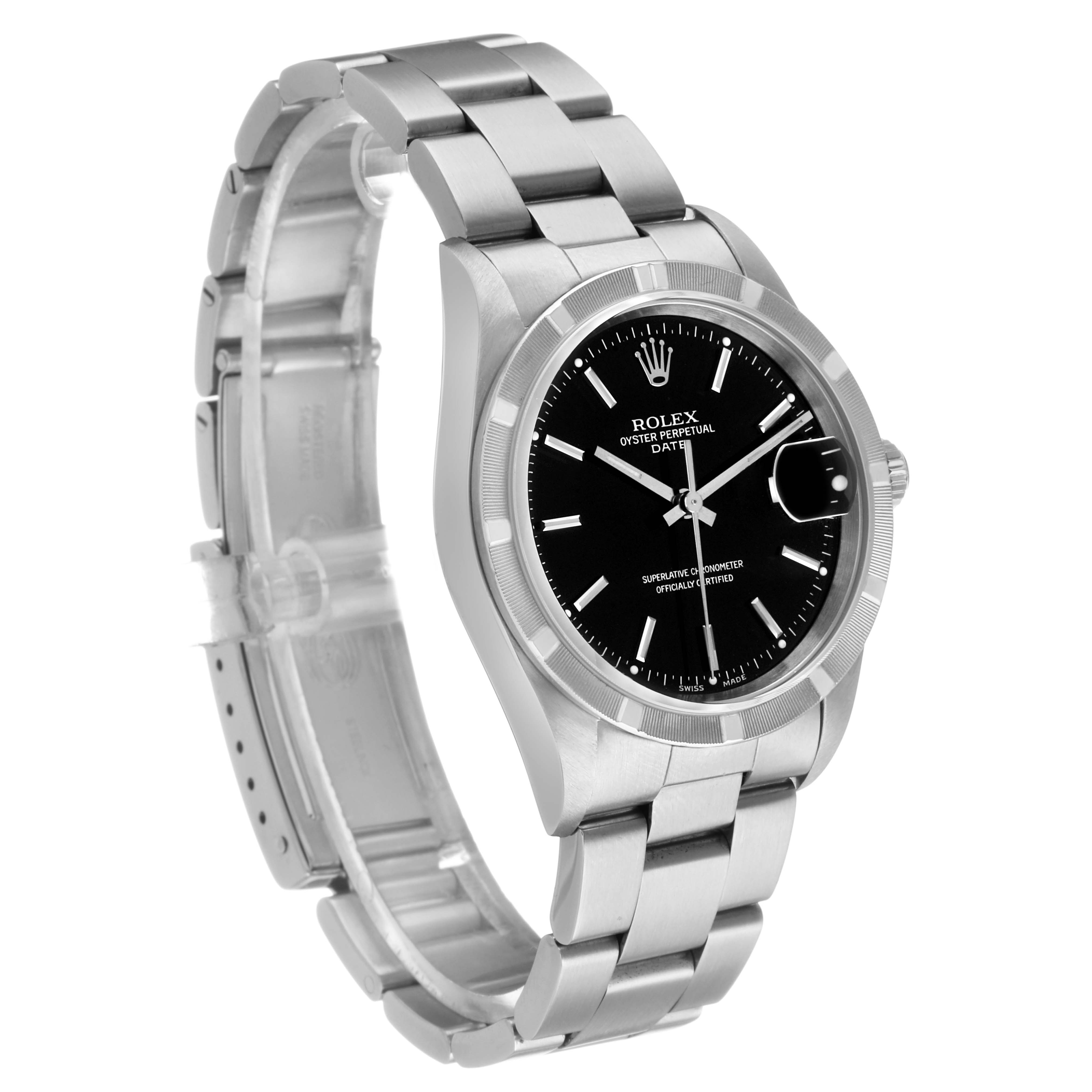 The Rolex Date 15210 Men's Stainless Steel Black Dial watch is shown from an angled side view, highlighting the face, bezel, and stainless steel bracelet.