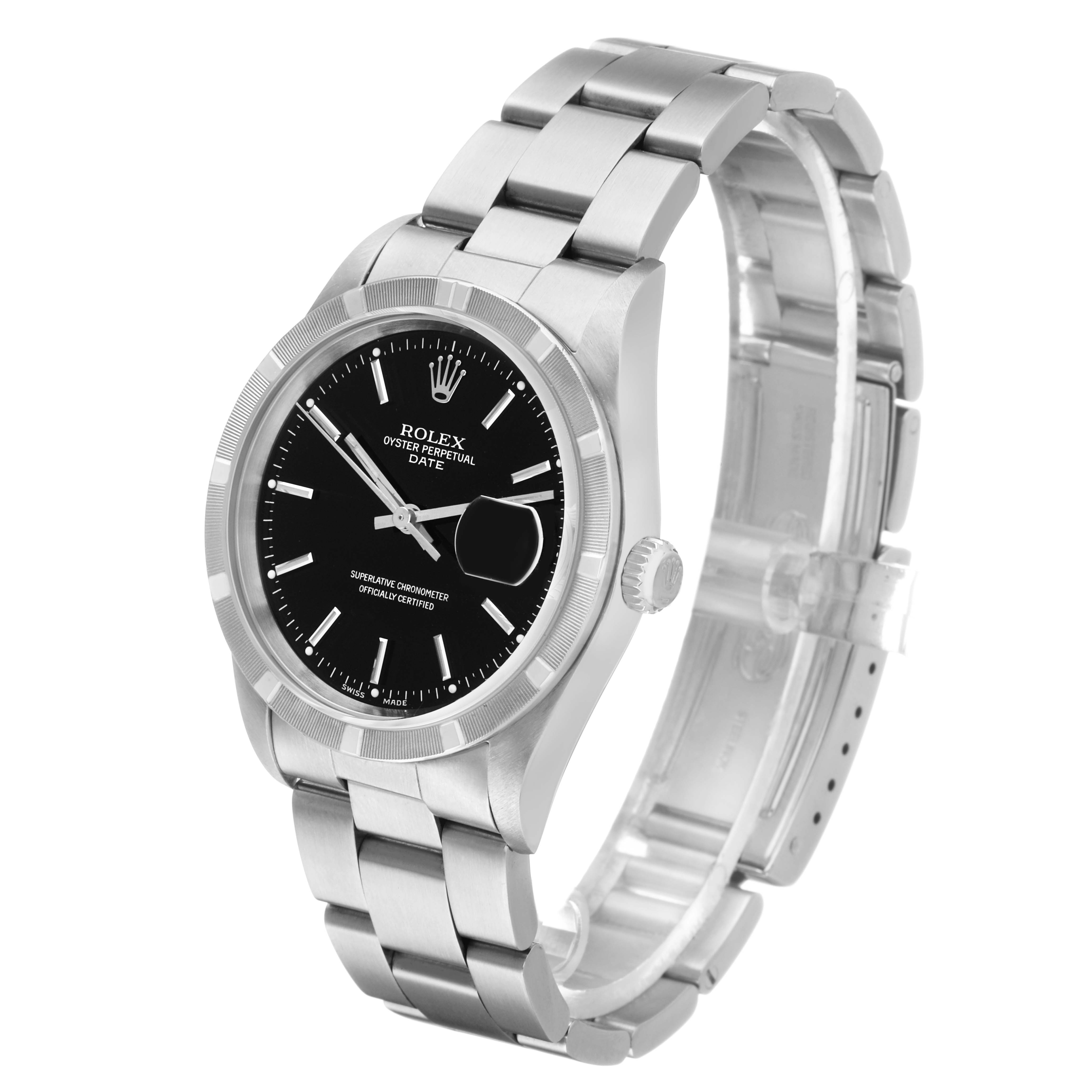 The Rolex Date 15210 Men's Stainless Steel Black Dial watch is shown at an angle highlighting the black dial, bezel, and stainless steel bracelet.