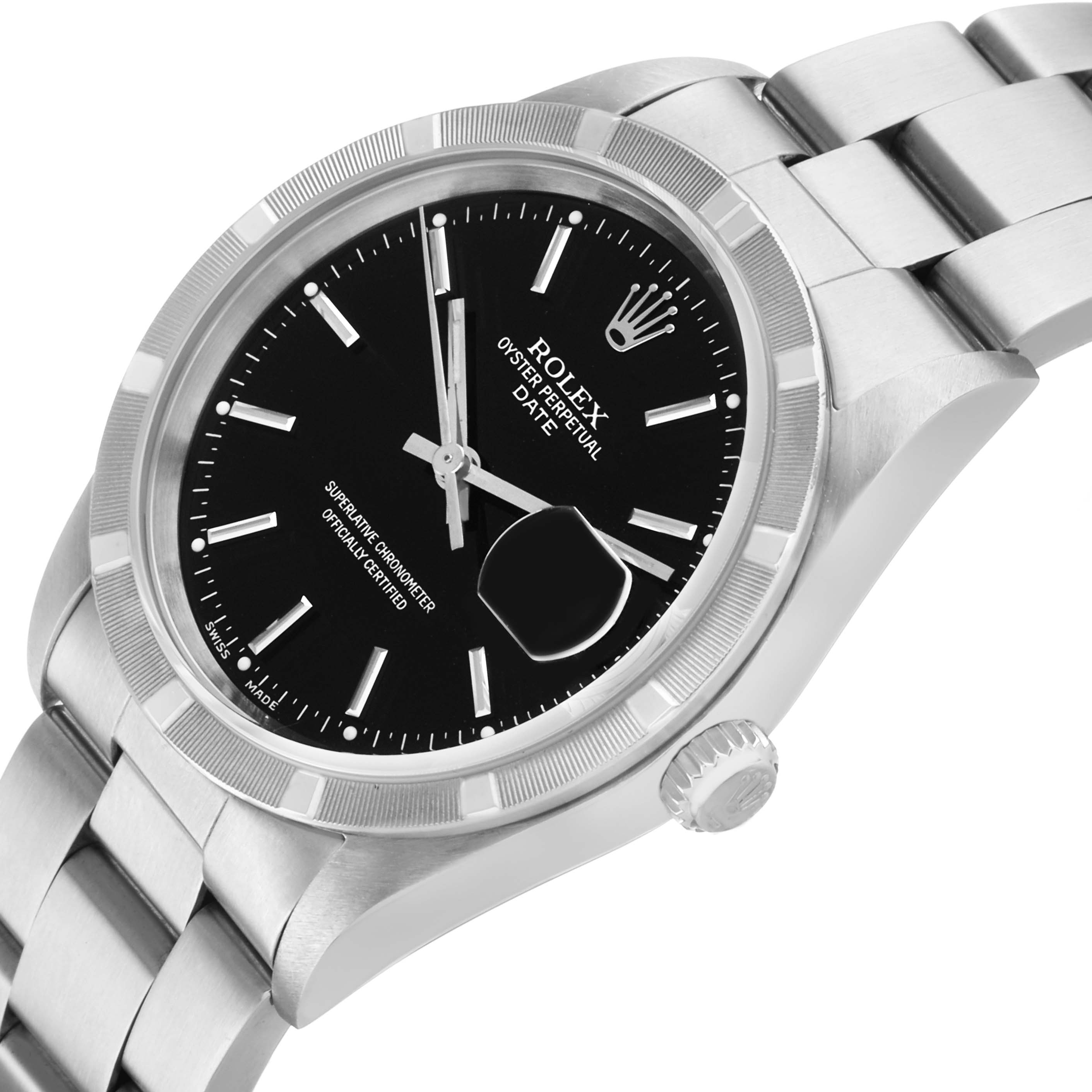 The Rolex Date 15210 Men's Stainless Steel Black Dial watch is shown at a slight angle, displaying the face, bezel, crown, and part of the bracelet.