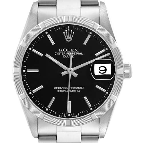 The Rolex Date 15210 Men's Stainless Steel Black Dial watch is shown from a front angle, highlighting the dial, bezel, and bracelet.