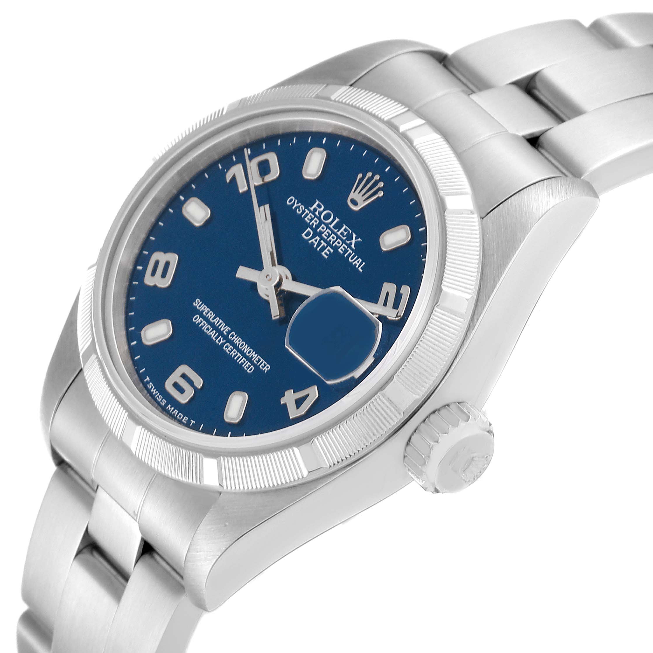 The image shows a Rolex Date 69190 Women's Stainless Steel Blue Dial 69190 Women's Stainless Steel Blue Dial model watch at an angled view, displaying the dial, crown, and part of the bracelet.