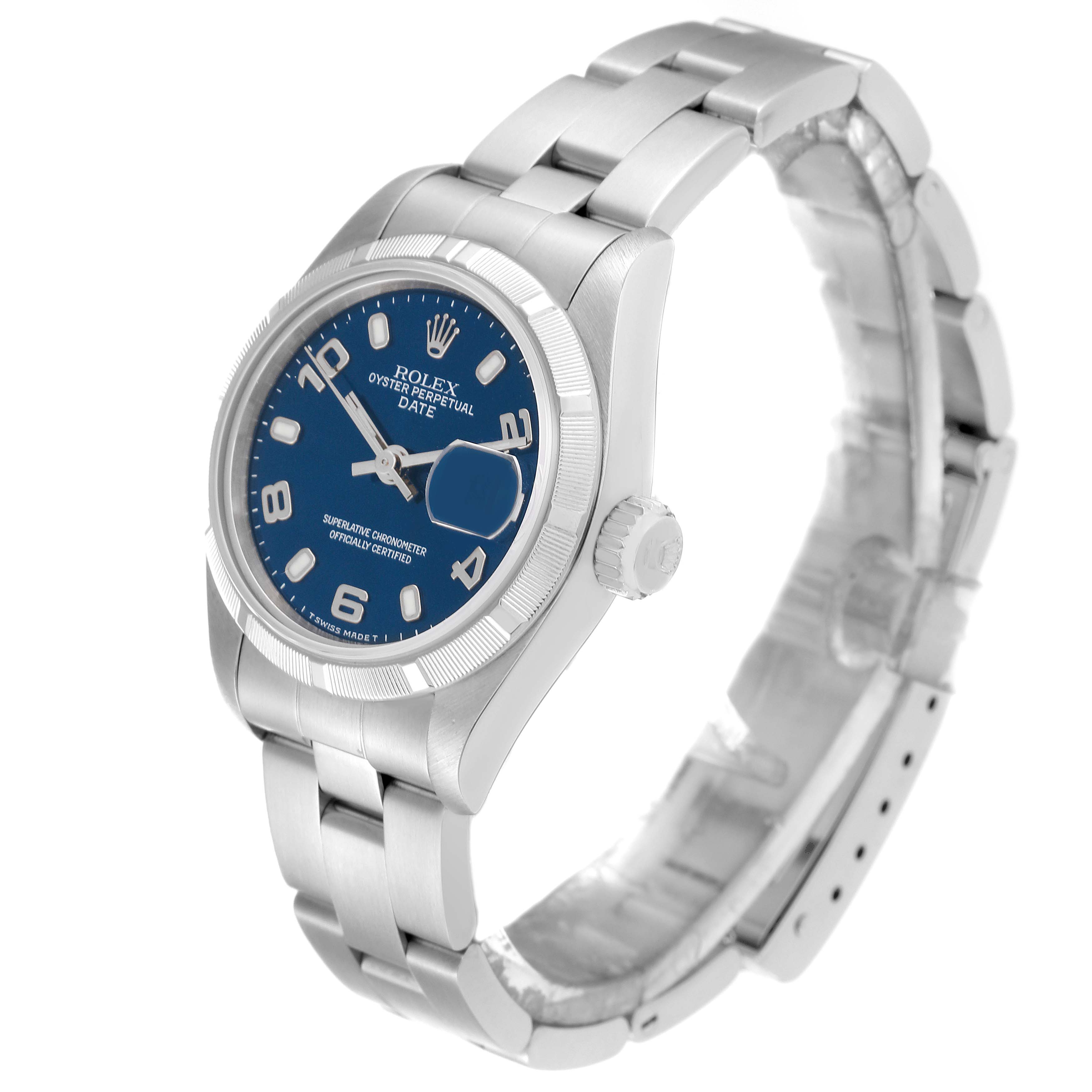 The Rolex Date 69190 Women's Stainless Steel Blue Dial 69190 Women's Stainless Steel Blue Dial model watch is shown at a 3/4 angle, highlighting the face, bezel, and stainless steel bracelet.