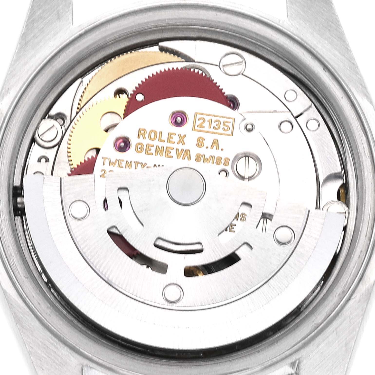 This close-up view shows the intricate movement mechanism of a Rolex Date 69190 Women's Stainless Steel Blue Dial 69190 Women's Stainless Steel Blue Dial model watch, emphasizing its internal components.