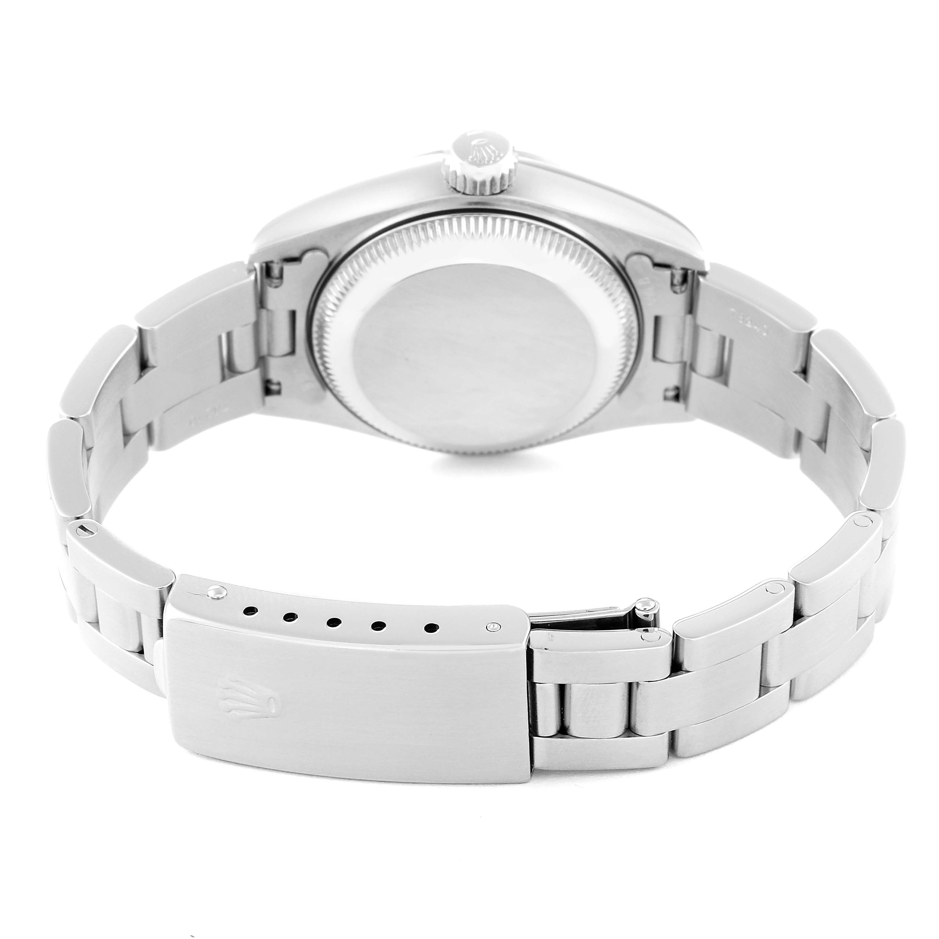 This image shows the back view of a Rolex Date 69190 Women's Stainless Steel Blue Dial 69190 Women's Stainless Steel Blue Dial model watch, highlighting the bracelet and clasp.