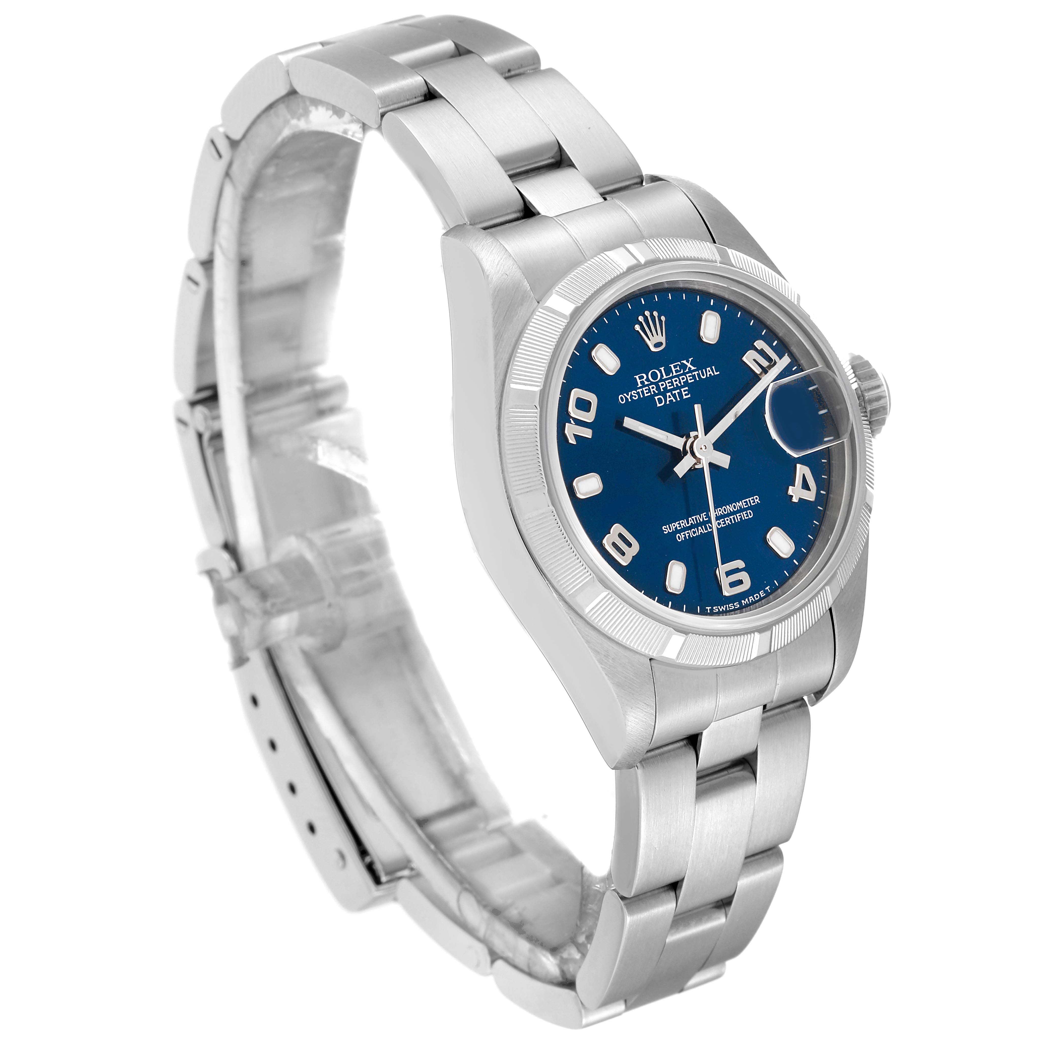 The image shows a side angle view of a Rolex Date 69190 Women's Stainless Steel Blue Dial 69190 Women's Stainless Steel Blue Dial model watch, highlighting the blue dial, stainless steel case, and bracelet.