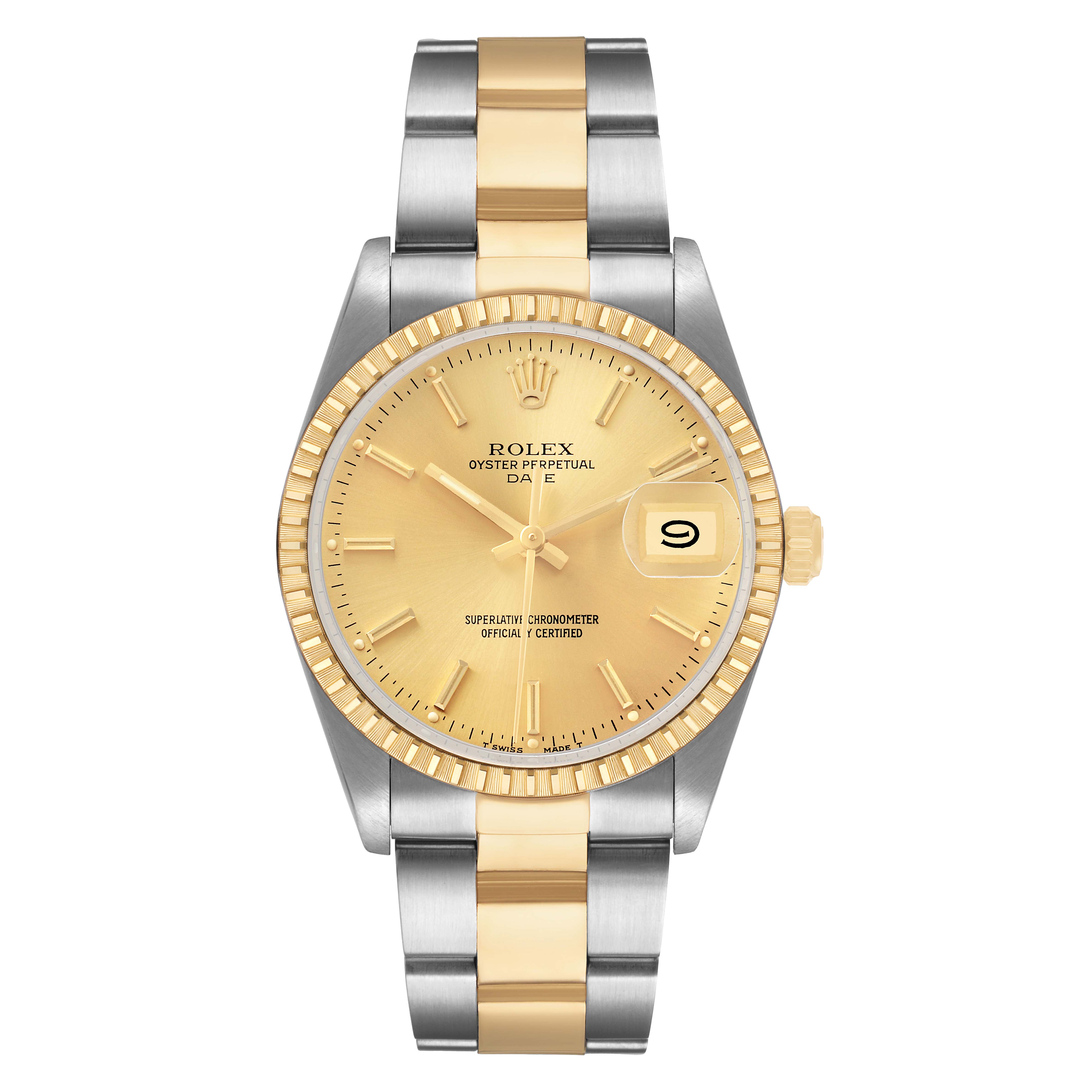 The Rolex Date 15053 Men's Steel and Gold (two tone) Champagne Dial model is shown from the front, highlighting the gold dial, bezel, and two-tone bracelet.