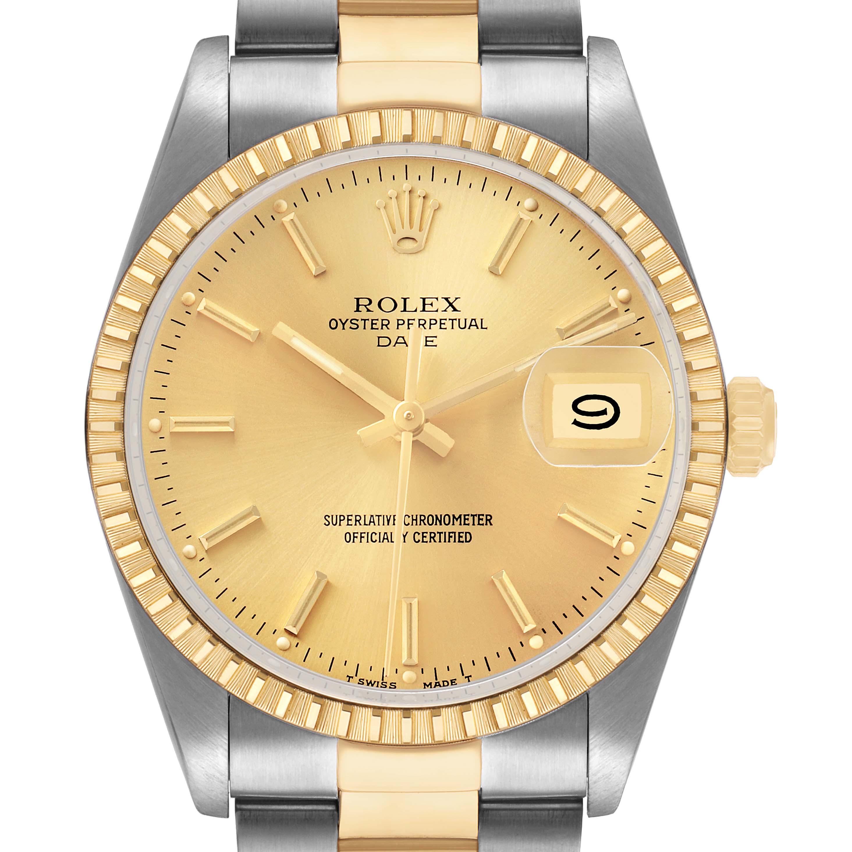The image shows a front view of the Rolex Date 15053 Men's Steel and Gold (two tone) Champagne Dial's dial, bezel, crown, and part of the bracelet.