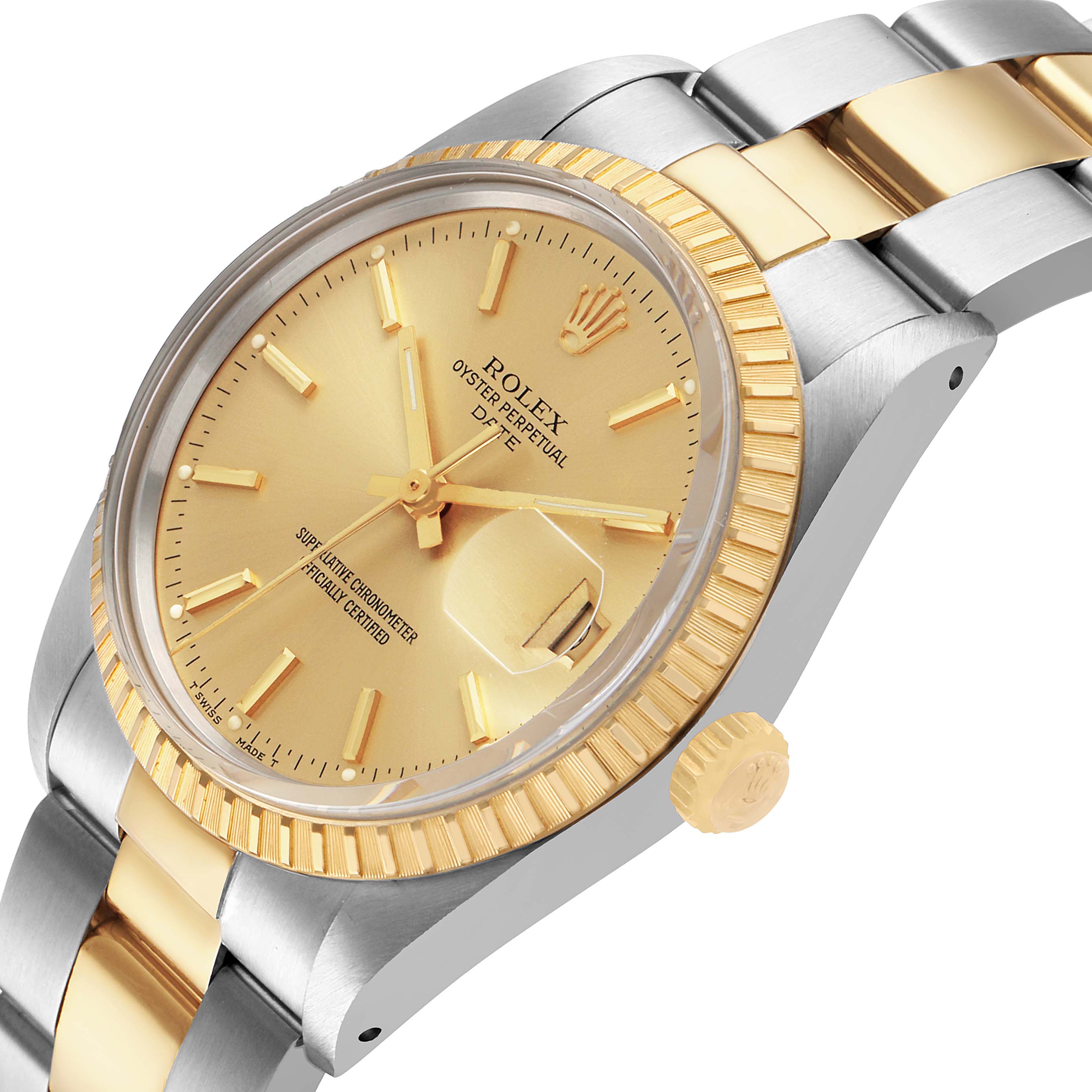 The Rolex Date 15053 Men's Steel and Gold (two tone) Champagne Dial watch is shown at a slight angle, highlighting the gold dial, fluted bezel, and two-tone bracelet.