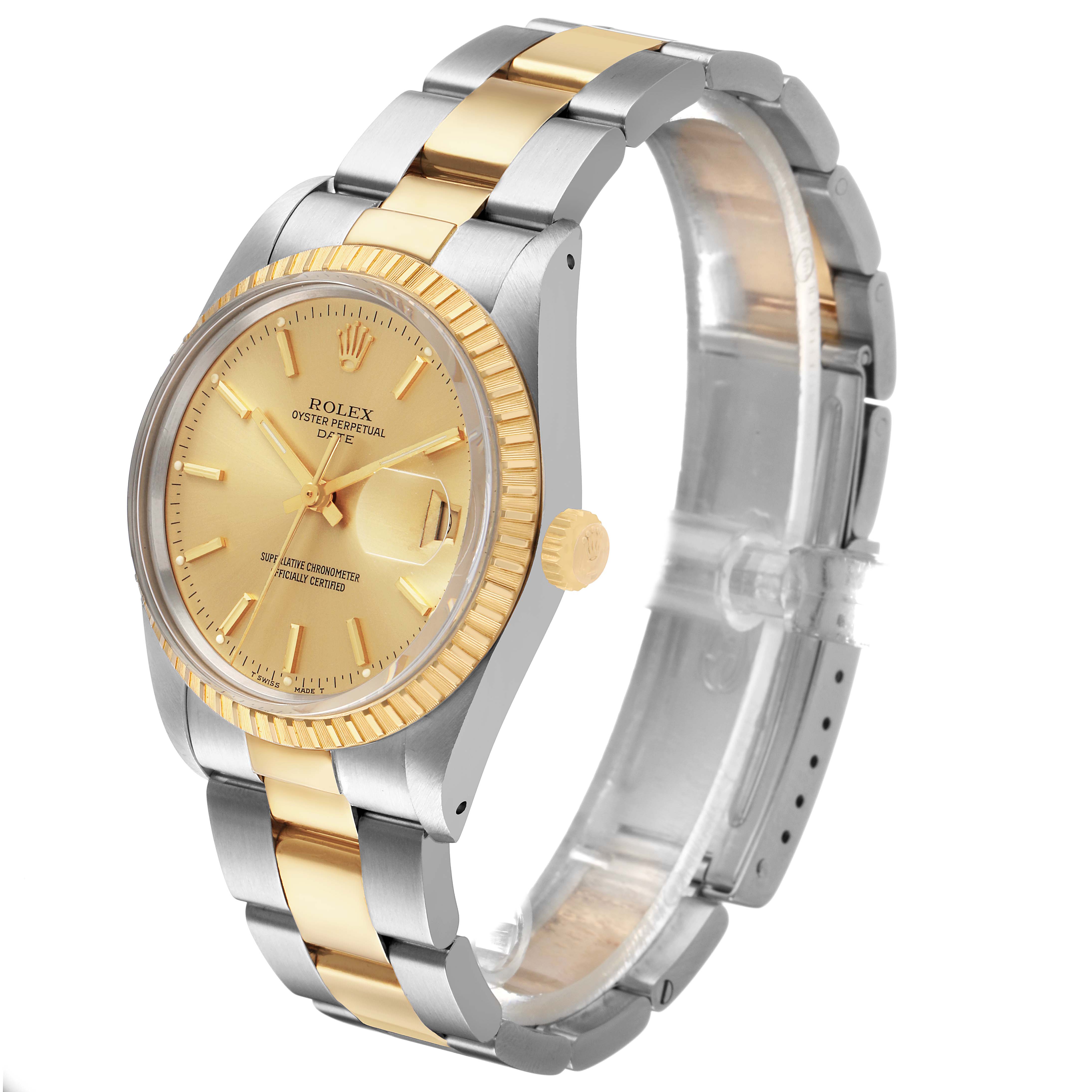 The Rolex Date 15053 Men's Steel and Gold (two tone) Champagne Dial model is shown at a three-quarter angle, displaying the face, bezel, crown, and bracelet.