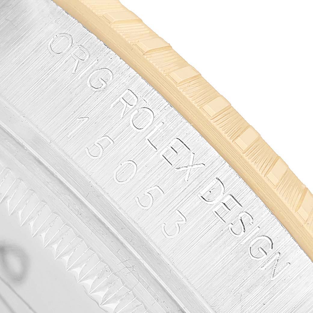 The image shows a close-up of the side of the Rolex Date 15053 Men's Steel and Gold (two tone) Champagne Dial model, highlighting the engraved design markings.