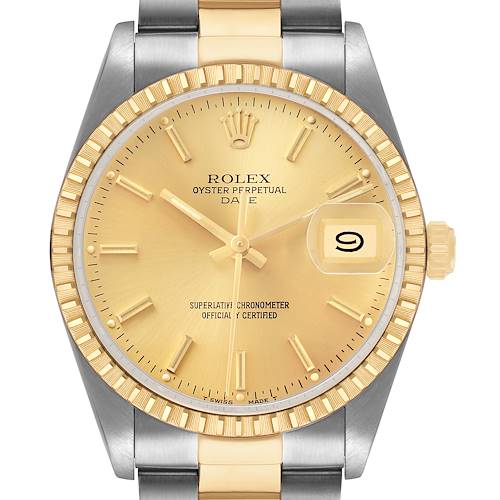 Photo of Rolex Date Champagne Dial Engine Turned Bezel Steel Yellow Gold Mens Watch 15053
