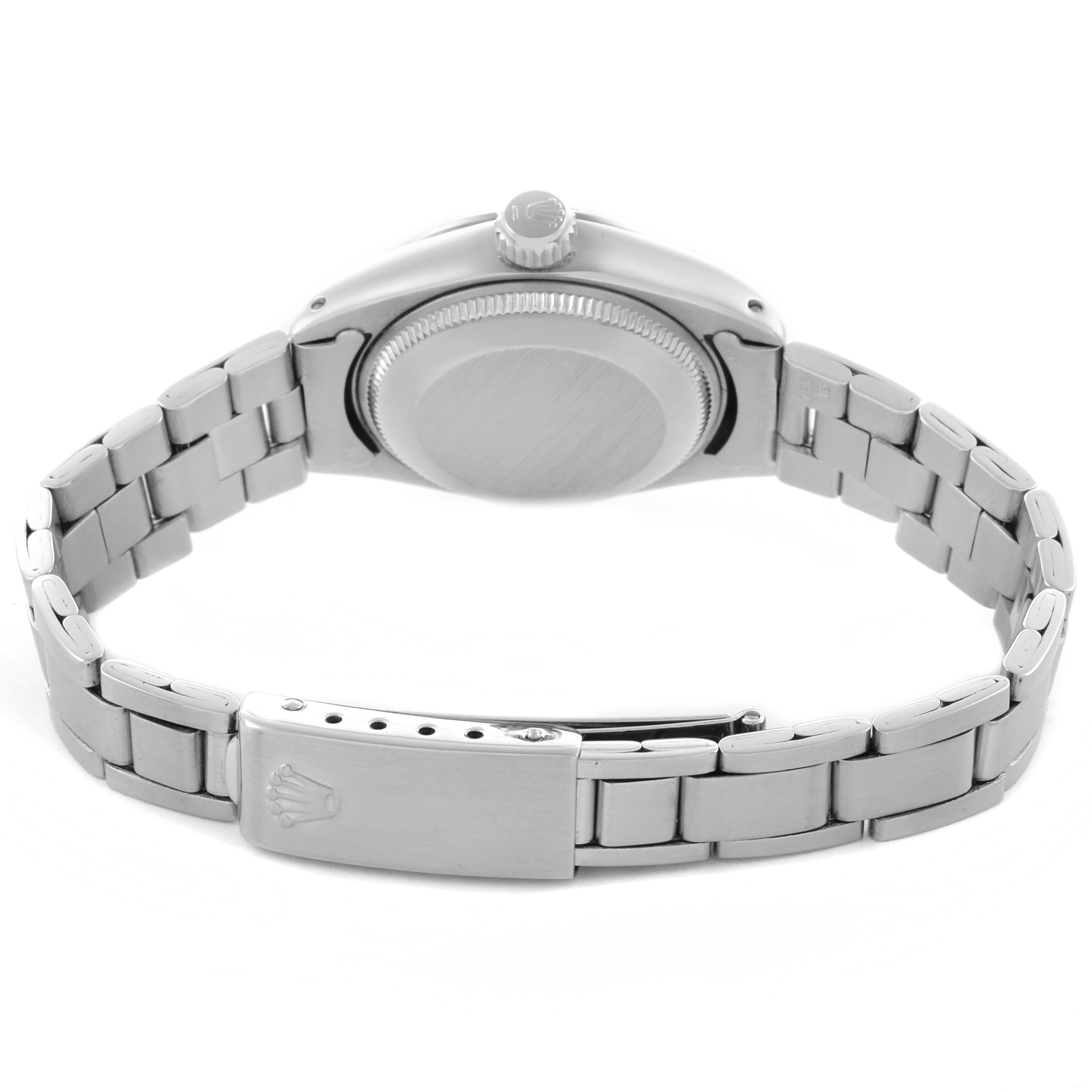 The image shows the back of the Rolex Date 6916 Women's Stainless Steel Silver Dial 6916 Women's Stainless Steel Silver Dial model watch, highlighting the case back and bracelet clasp.