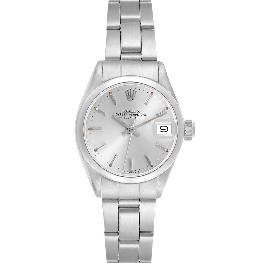 The Rolex Date watch is shown from the front, displaying the dial, hands, bracelet, and date feature clearly.