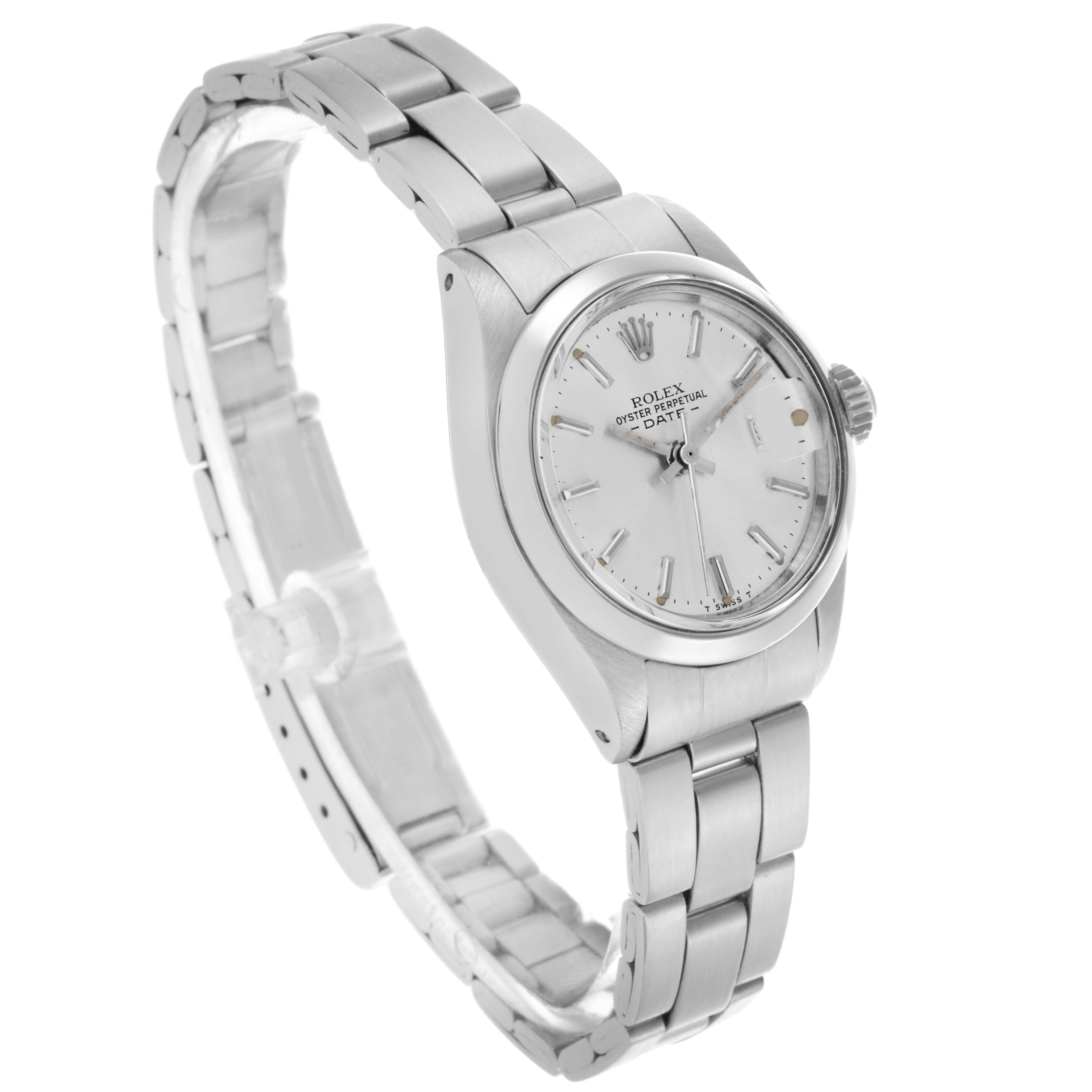 The Rolex Date 6916 Women's Stainless Steel Silver Dial 6916 Women's Stainless Steel Silver Dial model watch is shown at a three-quarter angle, highlighting the face, bezel, bracelet, and crown.