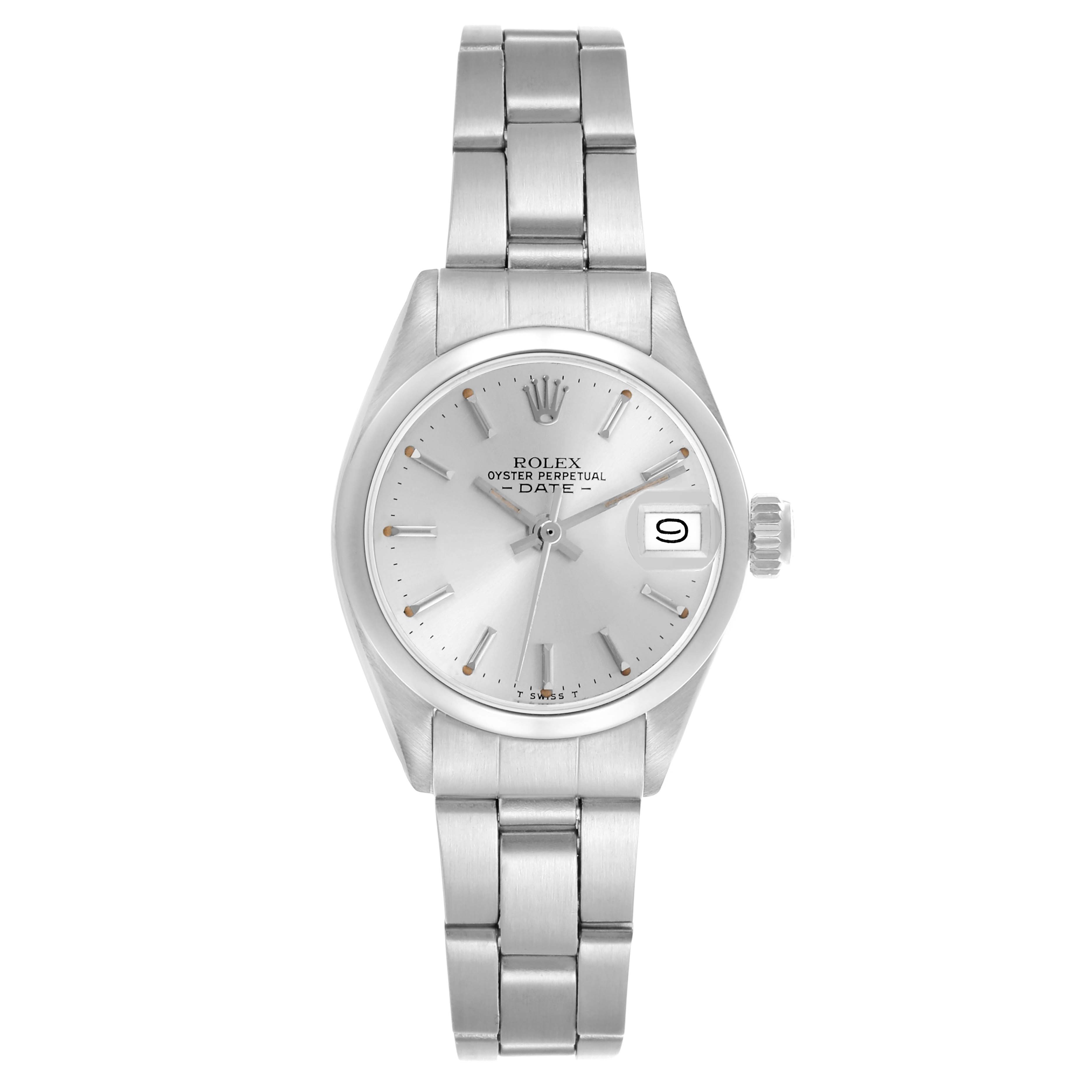 The Rolex Date 6916 Women's Stainless Steel Silver Dial 6916 Women's Stainless Steel Silver Dial watch is shown from the front, displaying the full face, bracelet, and date window.