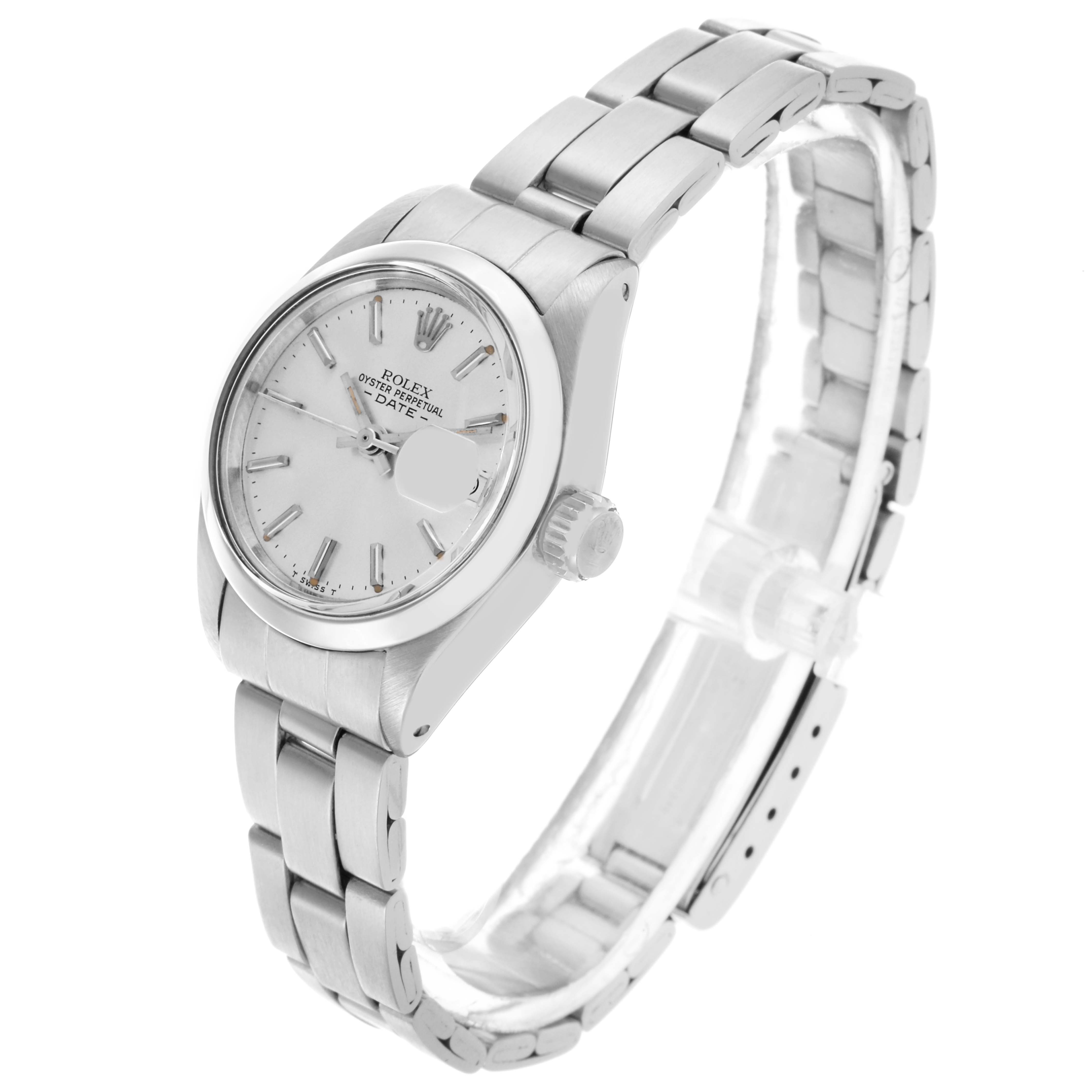 The Rolex Date 6916 Women's Stainless Steel Silver Dial 6916 Women's Stainless Steel Silver Dial watch is shown at a three-quarter angle, highlighting the face, crown, and bracelet.