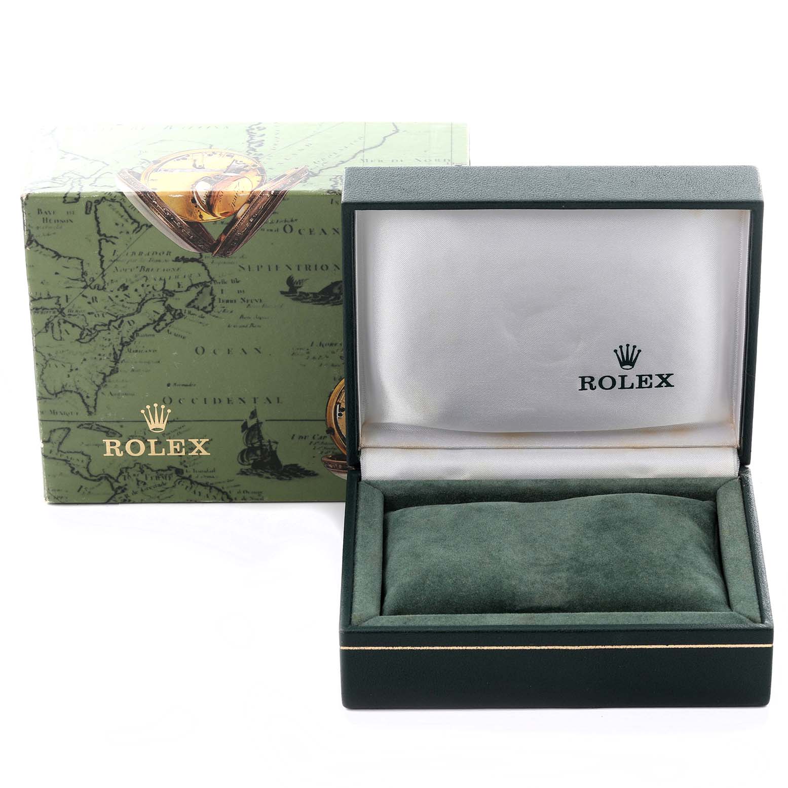 The image shows an open Rolex Date 6917 Women's Stainless Steel Silver Dial 6917 Women's Stainless Steel Silver Dial watch box and its outer packaging from a front angle.