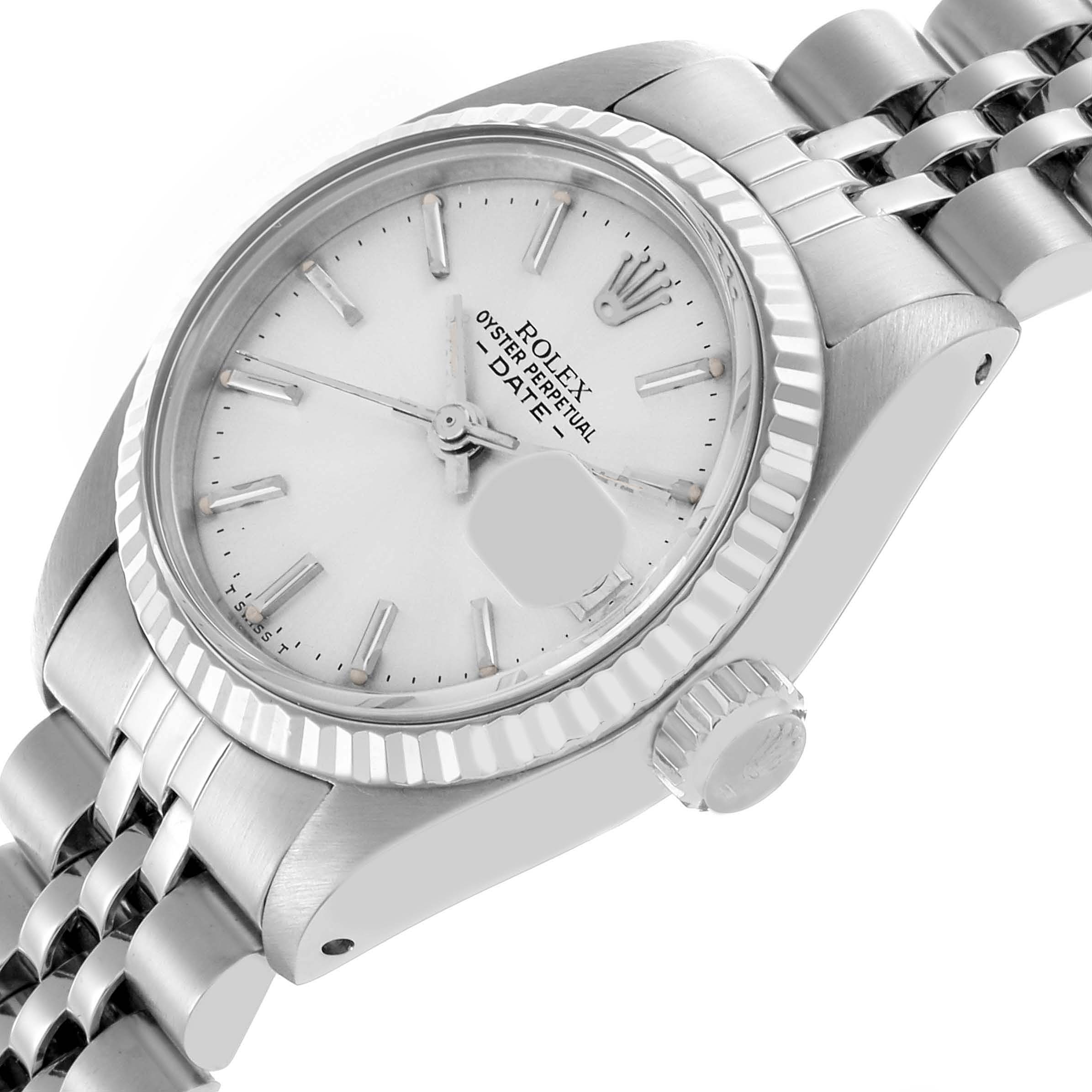 This Rolex Date 6917 Women's Stainless Steel Silver Dial 6917 Women's Stainless Steel Silver Dial watch is shown at a slight side angle, highlighting the dial, bezel, crown, and bracelet.