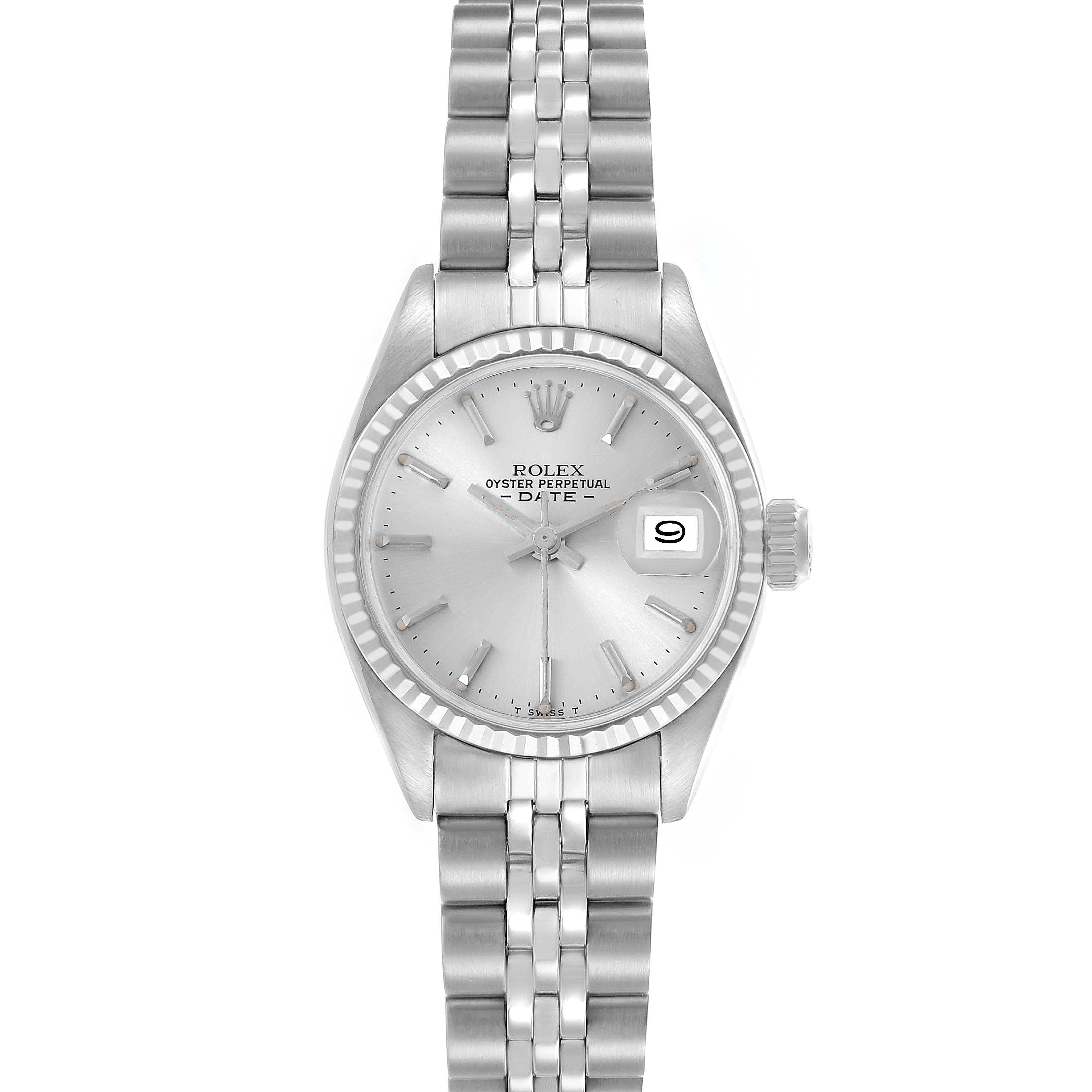 The Rolex Date 6917 Women's Stainless Steel Silver Dial 6917 Women's Stainless Steel Silver Dial watch is shown from a front angle, displaying the dial, bezel, and bracelet.