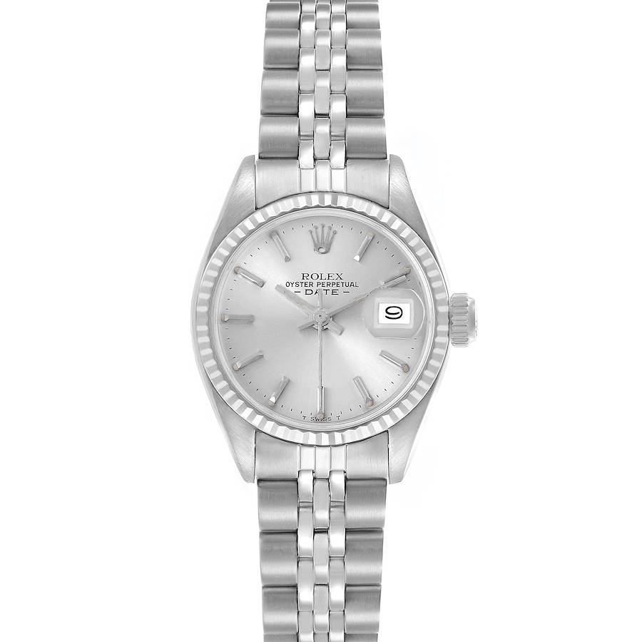 The Rolex Date watch is shown from a front angle, displaying the dial, bezel, and bracelet.