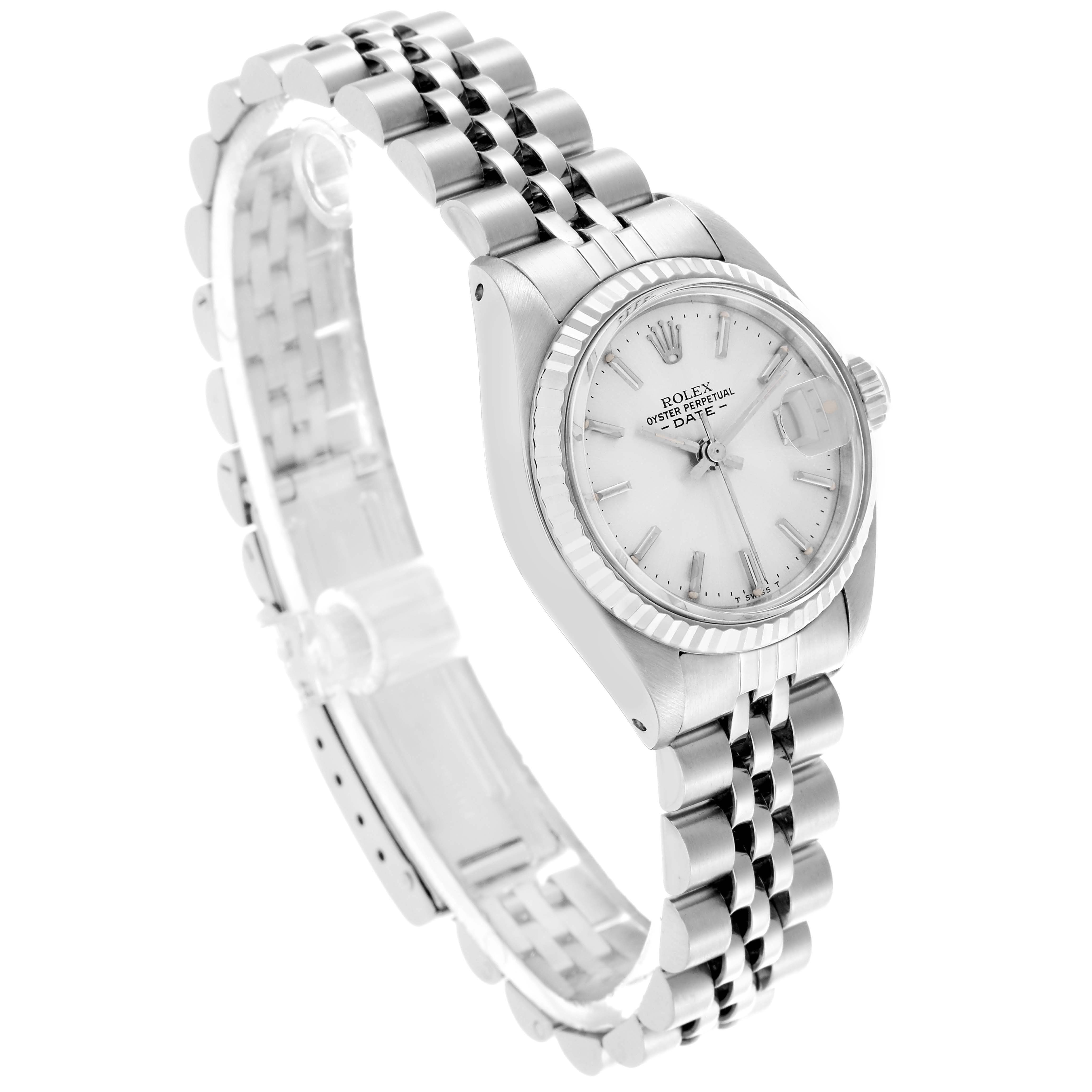 The Rolex Date 6917 Women's Stainless Steel Silver Dial 6917 Women's Stainless Steel Silver Dial watch is shown at a three-quarter angle, displaying the face, bezel, crown, and bracelet.