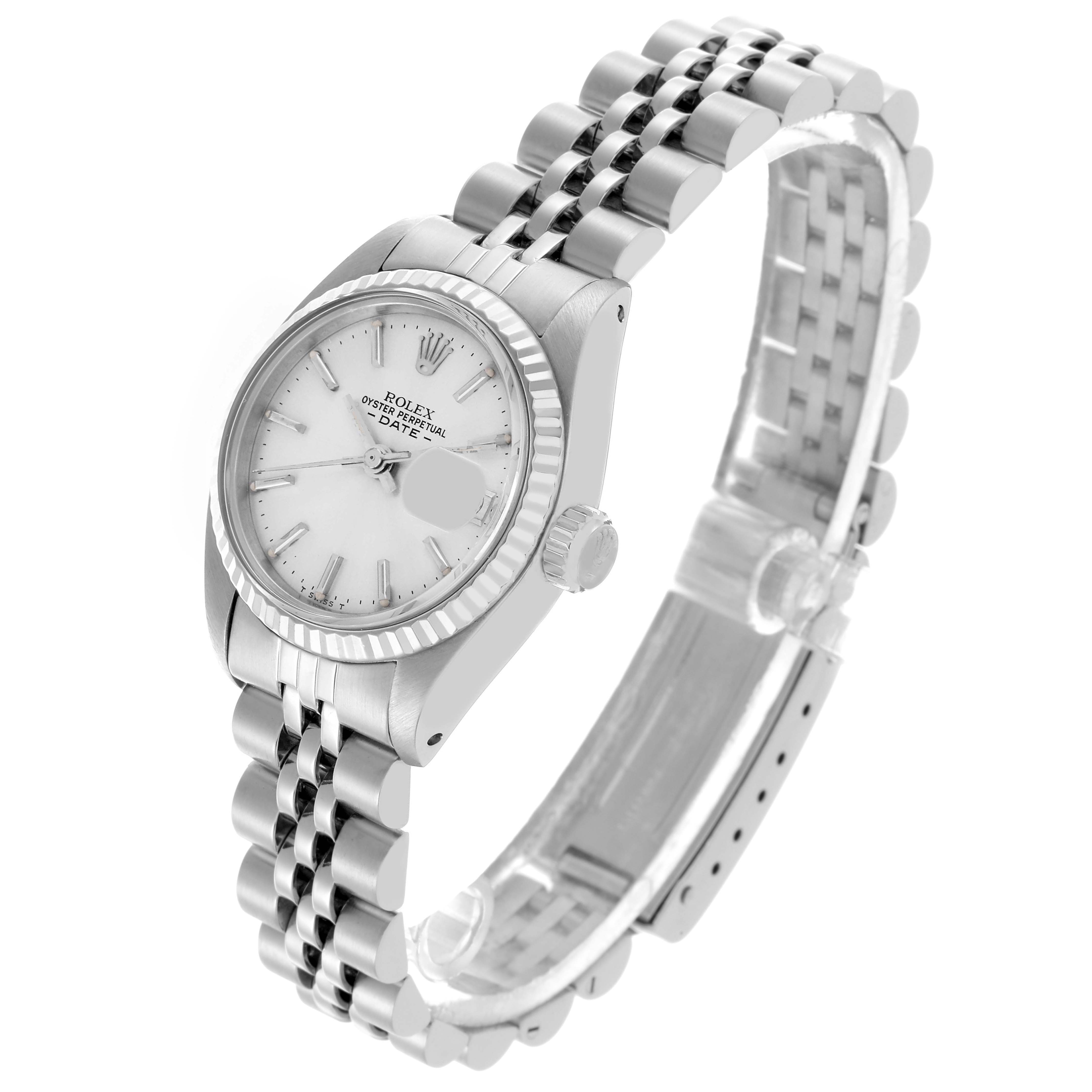 The Rolex Date 6917 Women's Stainless Steel Silver Dial 6917 Women's Stainless Steel Silver Dial watch is shown at a three-quarter angle, highlighting the face, bezel, and bracelet.