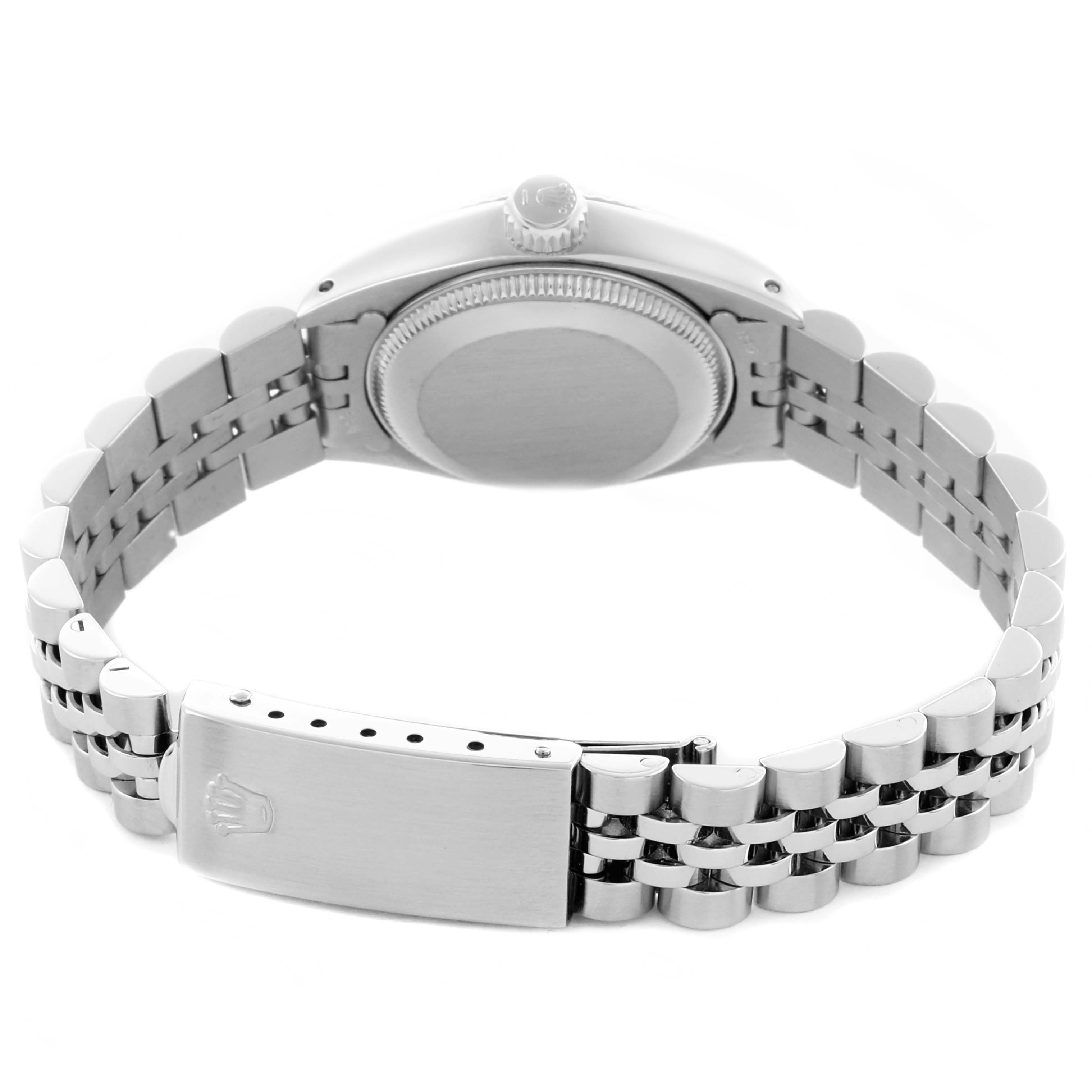 The Rolex Date 6917 Women's Stainless Steel Silver Dial 6917 Women's Stainless Steel Silver Dial watch is shown from the back, highlighting the case back and Jubilee bracelet with the clasp visible.