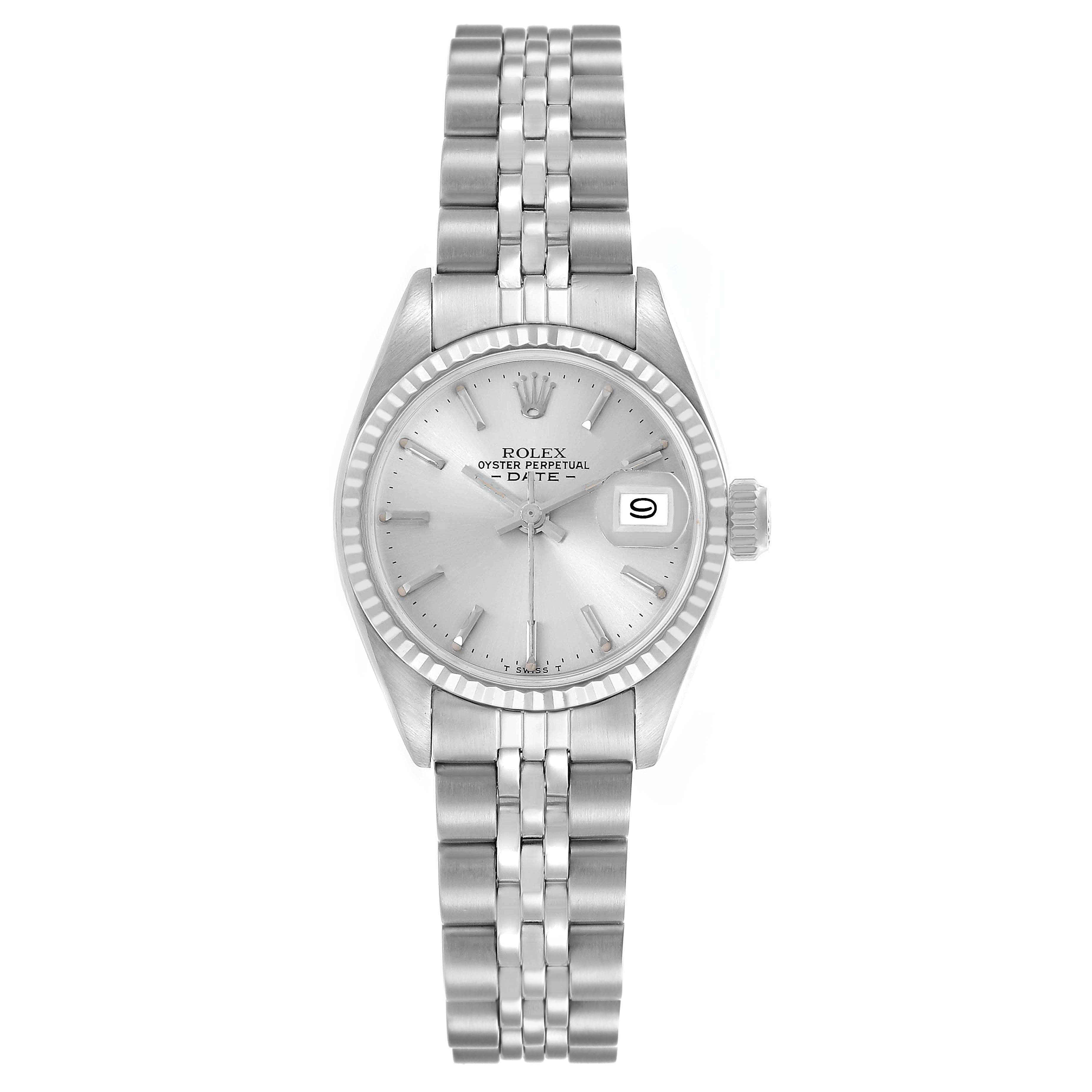 The Rolex Date 6917 Women's Stainless Steel Silver Dial 6917 Women's Stainless Steel Silver Dial model is shown from a top-down angle, highlighting the dial, bezel, bracelet, and crown.