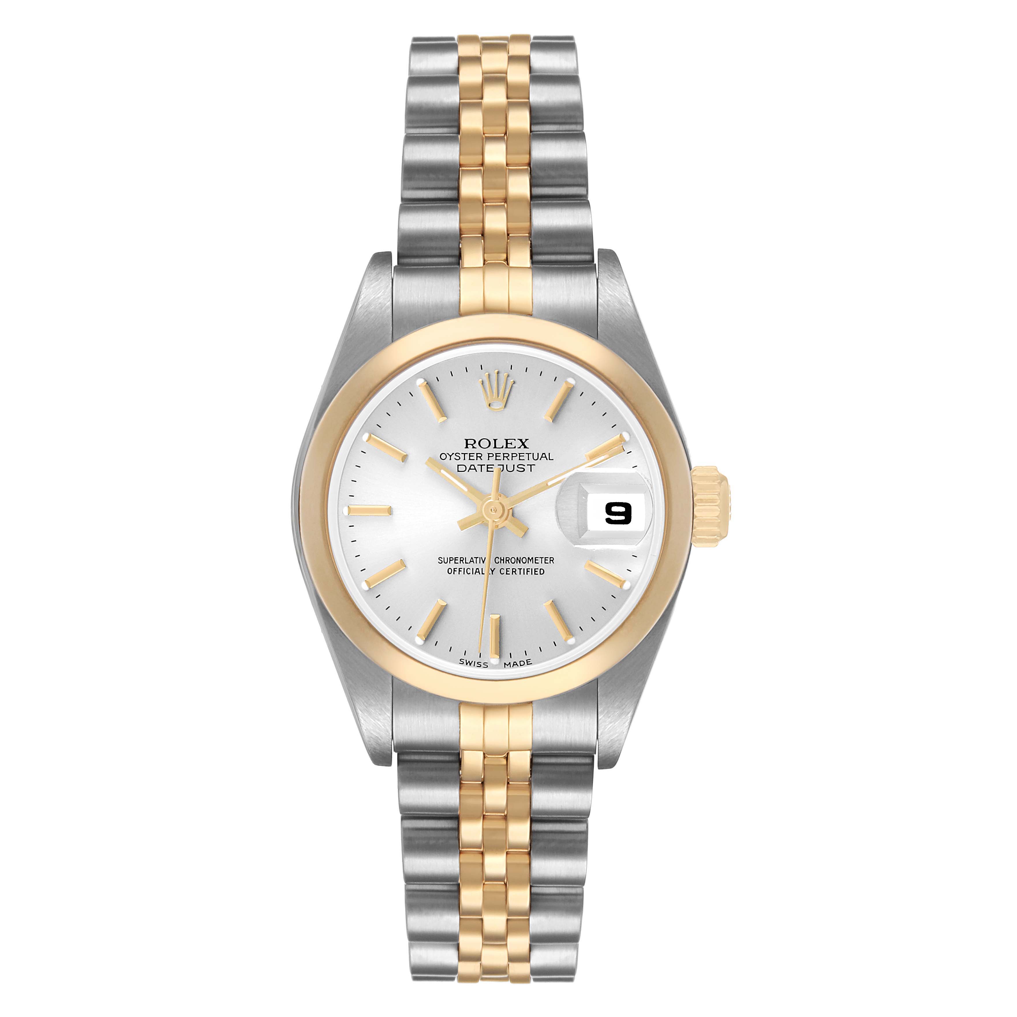 The Rolex Datejust 79163 Women's Steel and Gold (two tone) Silver Dial watch is shown from a front angle, displaying the dial, bezel, and Jubilee bracelet.
