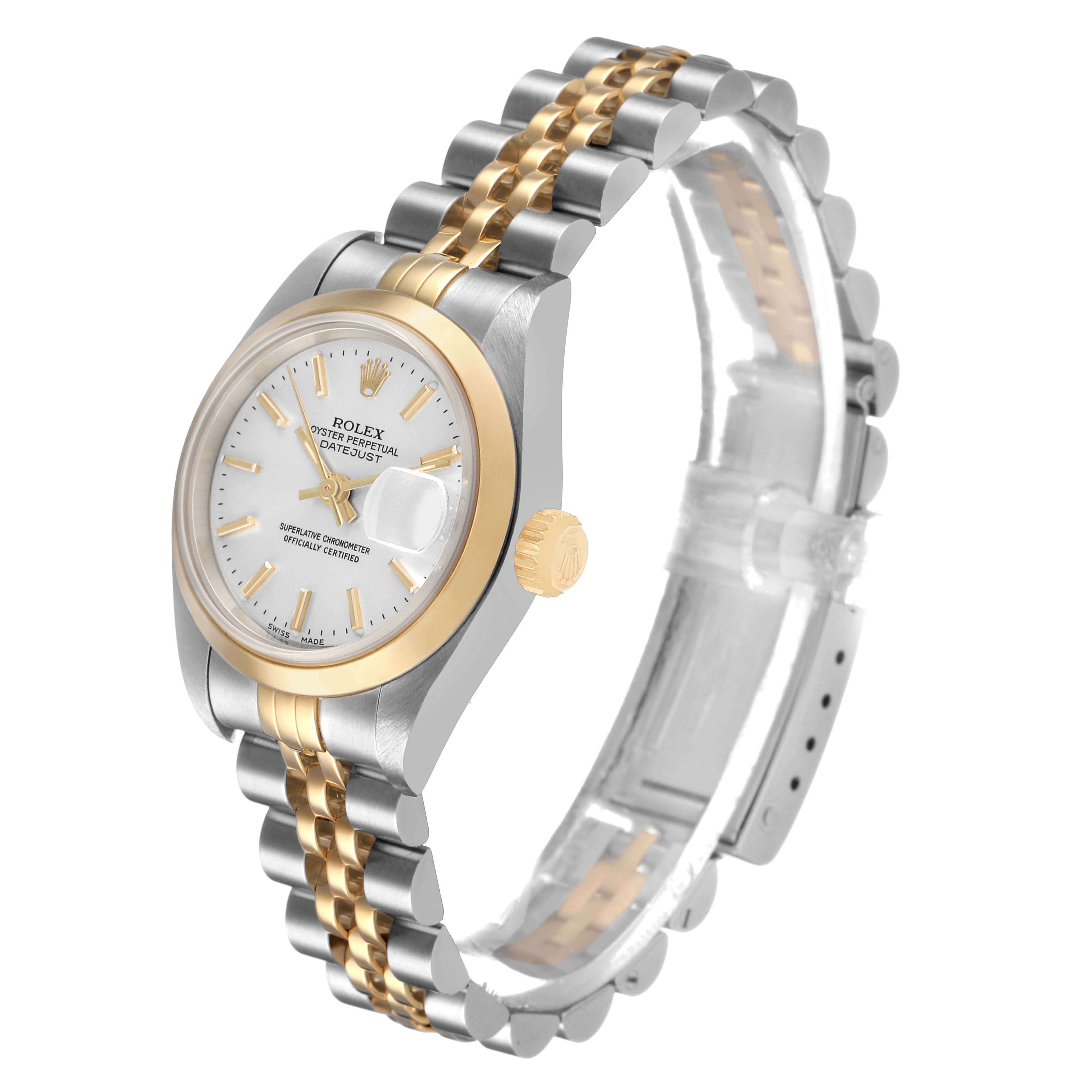 The Rolex Datejust 79163 Women's Steel and Gold (two tone) Silver Dial watch is shown at a slight angle, featuring its gold and steel bracelet, crown, and date magnifier.