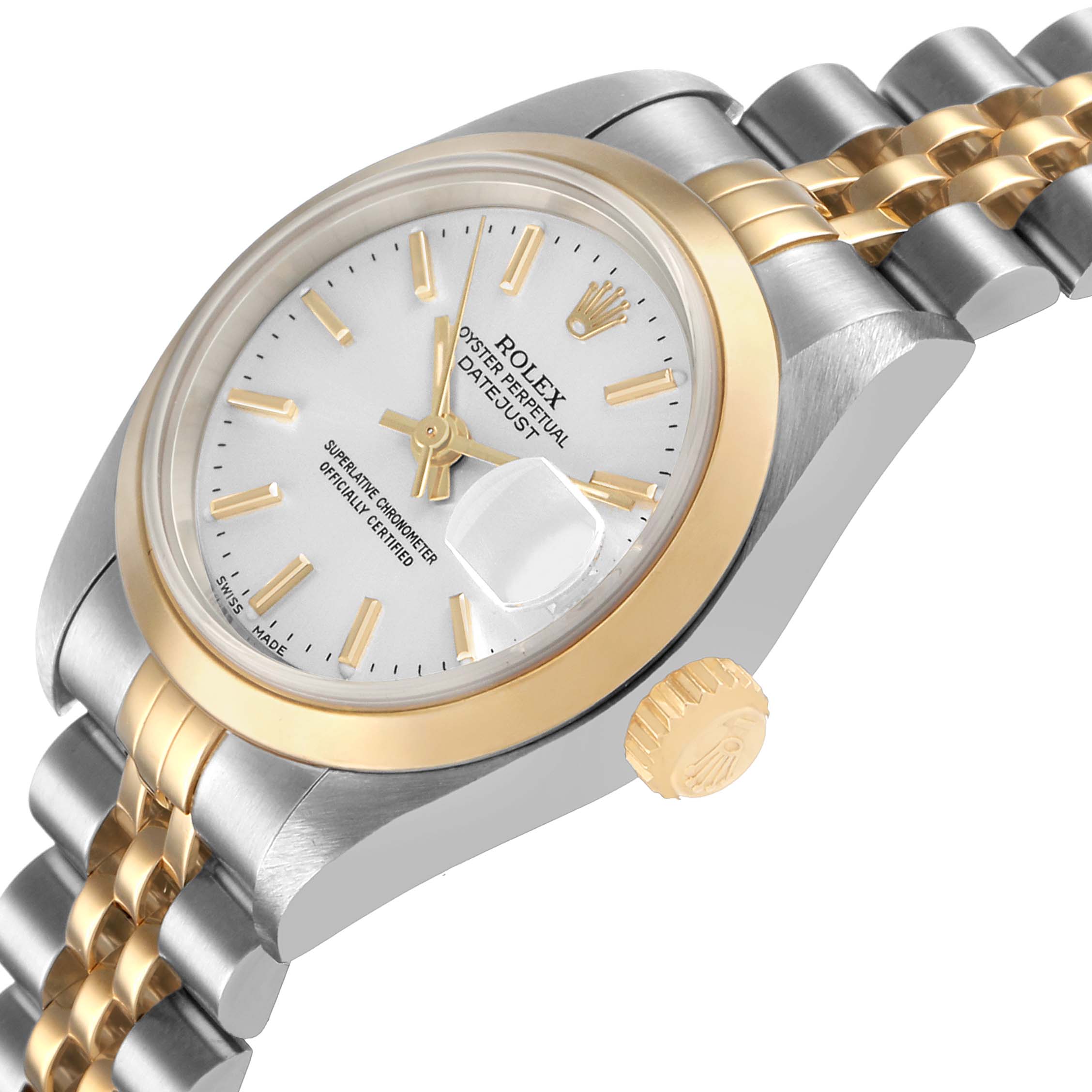 The Rolex Datejust 79163 Women's Steel and Gold (two tone) Silver Dial watch is displayed at an angled side view, showing the case, crown, dial, and bracelet.