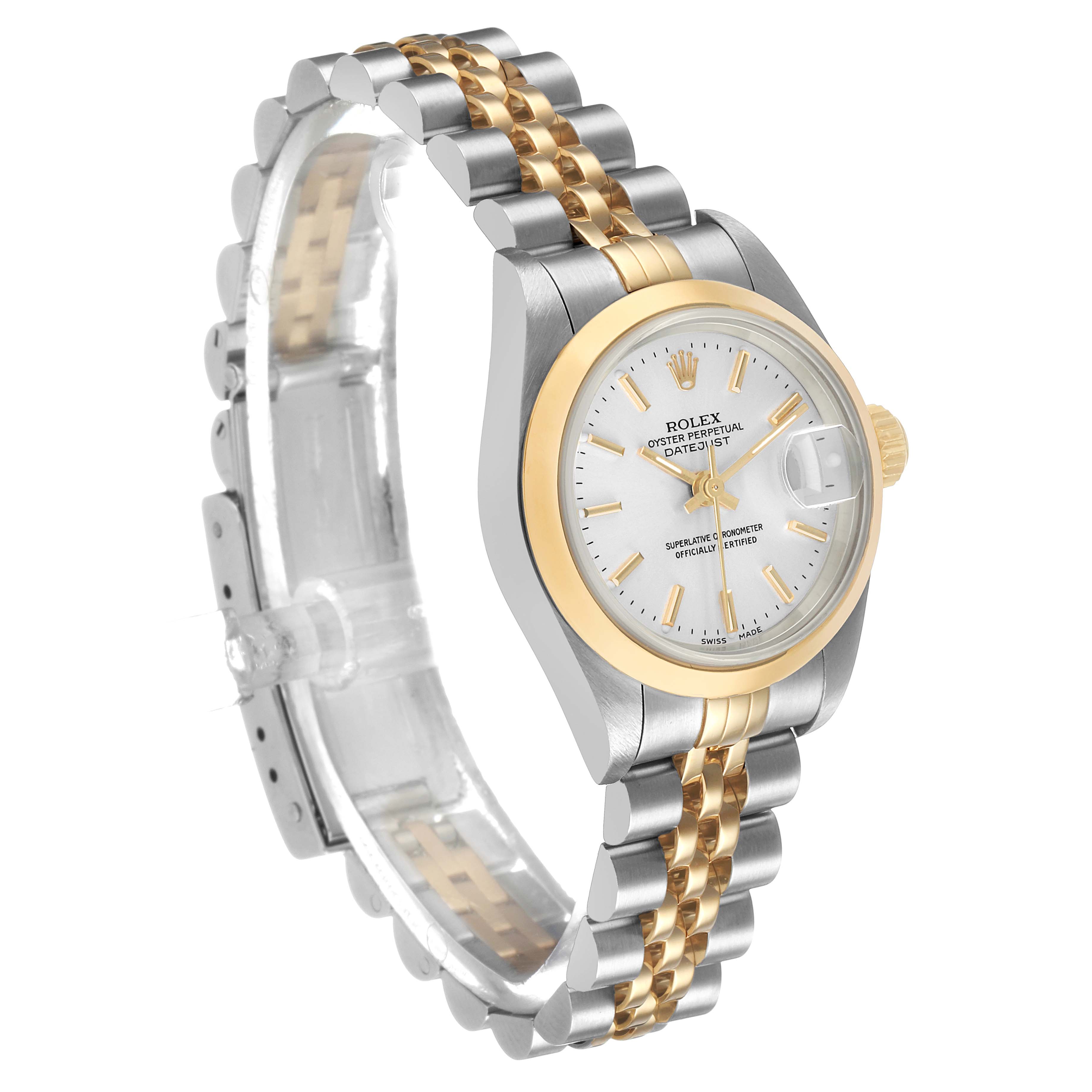 The Rolex Datejust 79163 Women's Steel and Gold (two tone) Silver Dial is shown at a three-quarter angle, displaying its dial, jubilee bracelet, and fluted bezel.