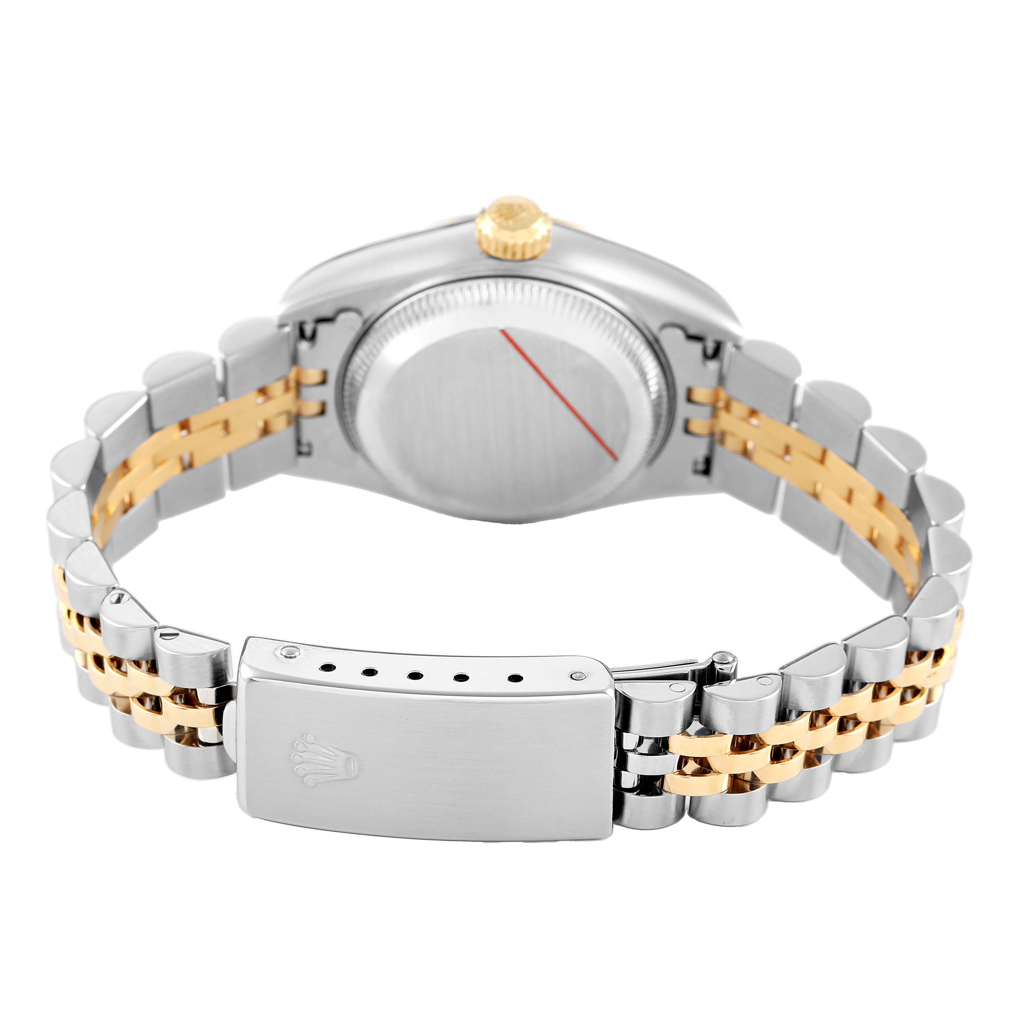 The image shows the Rolex Datejust 79163 Women's Steel and Gold (two tone) Silver Dial watch from the back, highlighting its clasp, gold accents, and case back.